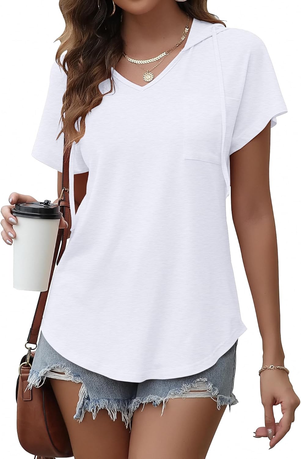 Thumbnail 5 de WNEEDU Tee Shirt Femme Col V Sweat à Capuche – Top léger et polyvalent pour été et demi-saison