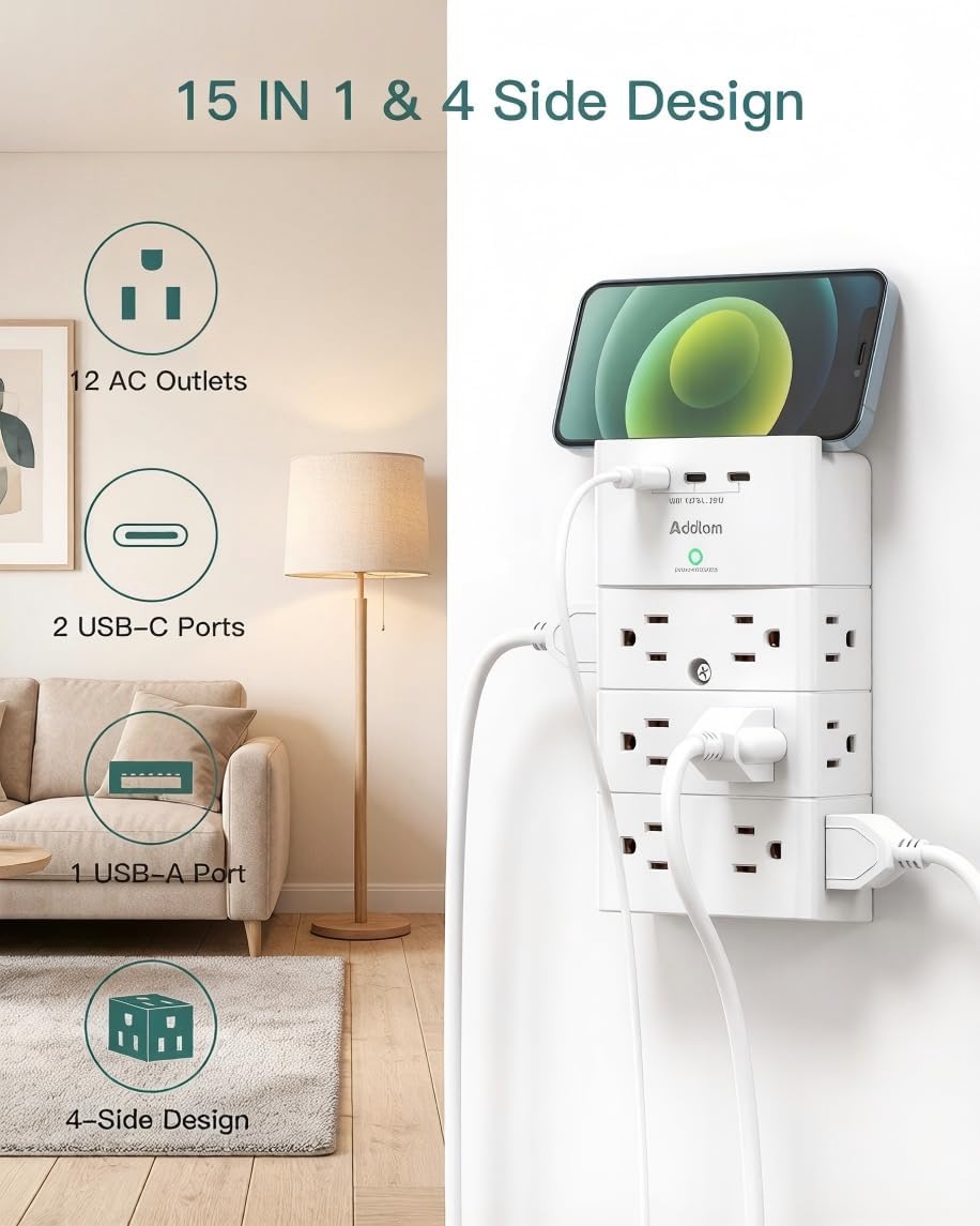 Detalle 2 de Addtam Wall Outlet Extender with 12 Outlets