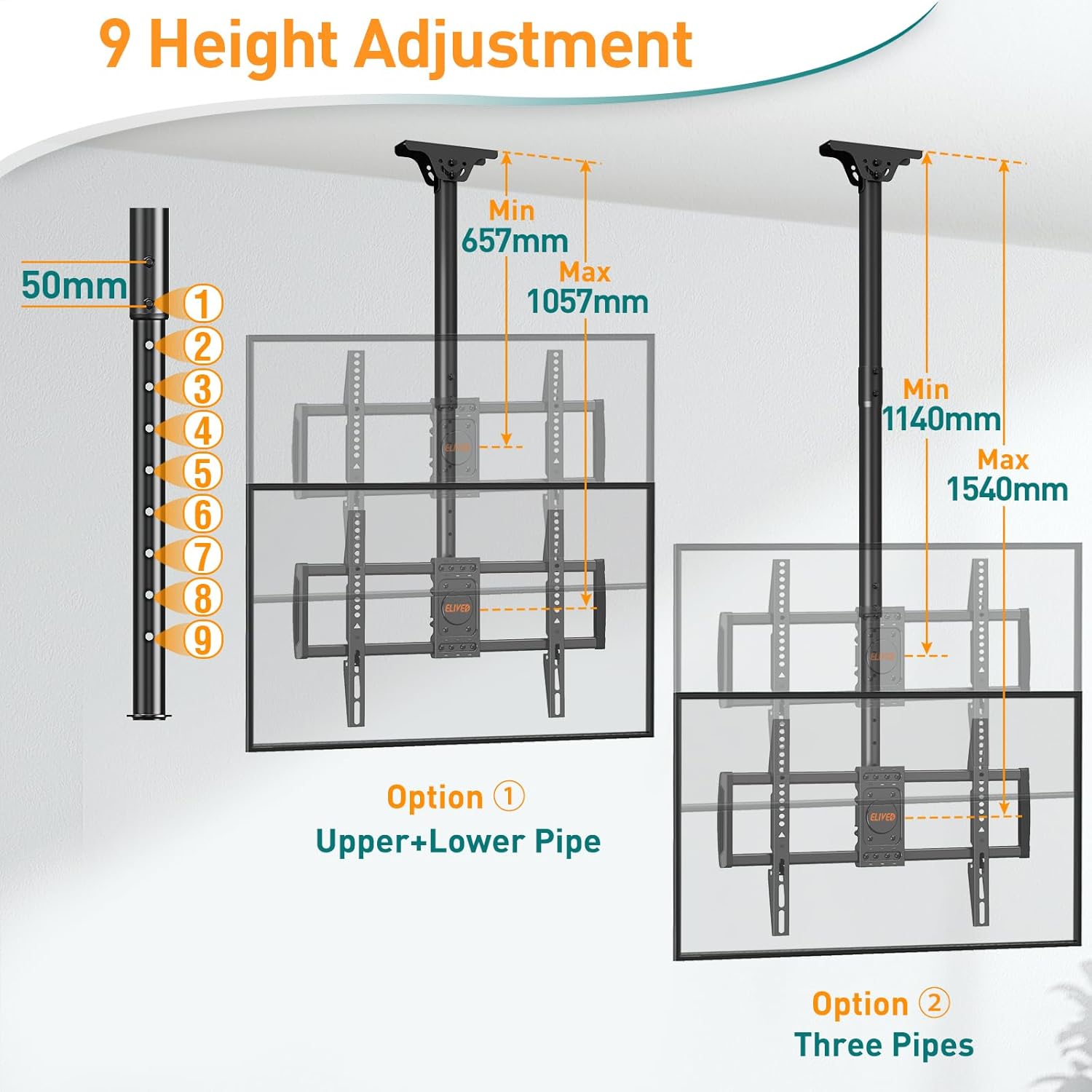 Thumbnail 2 de ELIVED ceiling TV bracket for 37–75 inch TVs (max VESA 600x400mm, up to 50kg)