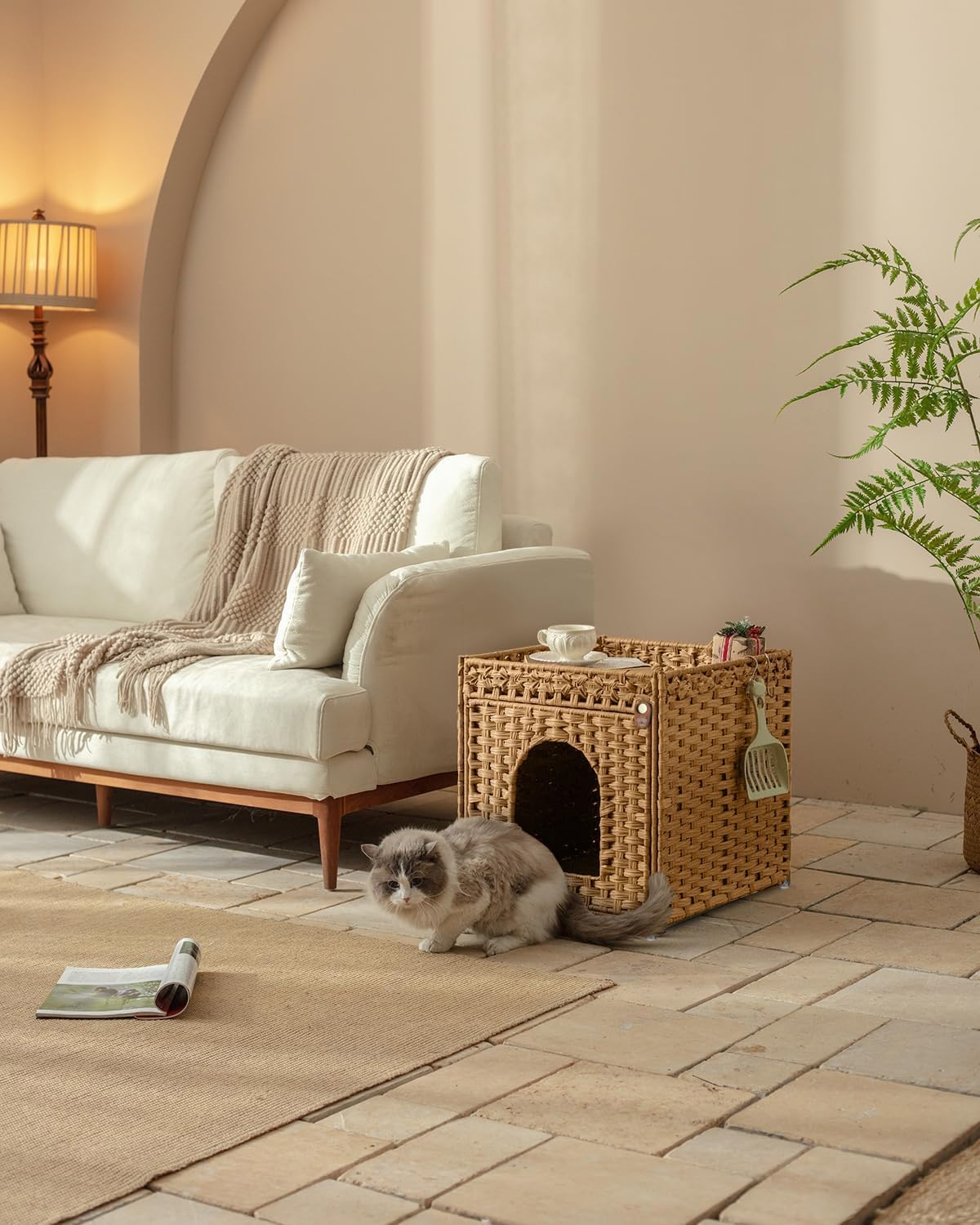 Thumbnail 6 de Klippehop Katzenhaus Katzenschrank für Katzentoilette – verstecktes Rattan-Möbelstück mit Katzentoilette Matte (Natur, Basic Model)