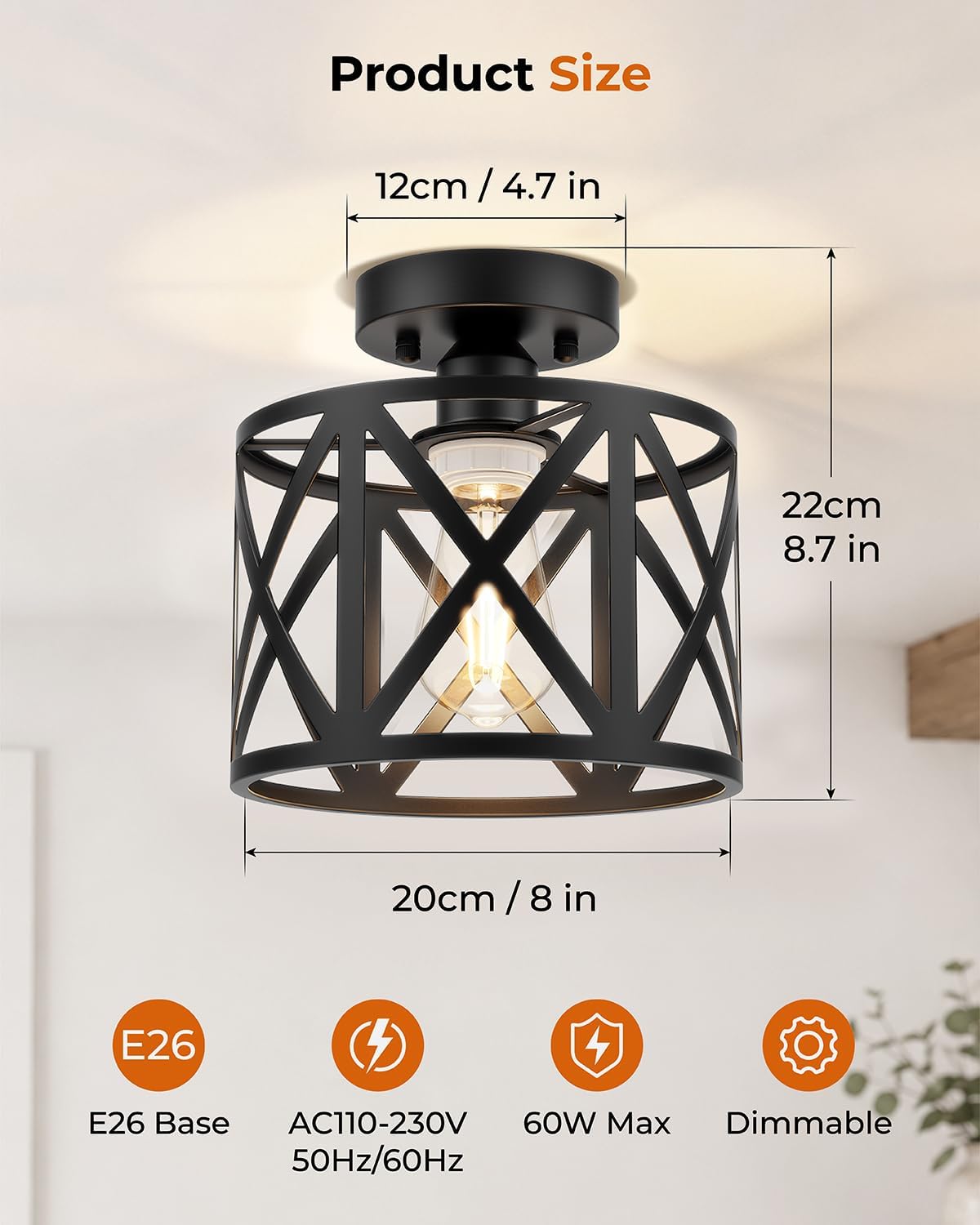 Detalle 2 de BLNAN 00 316 Semi-Flush Ceiling Light, 8-Inch Matte Black Metal Cage, E26