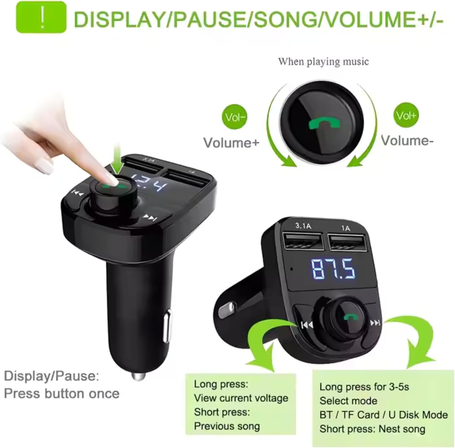 Detalle de FM Transmitter, Bluetooth 5.3 Car Adapter with Dual USB Ports and Type-C Fast Charging