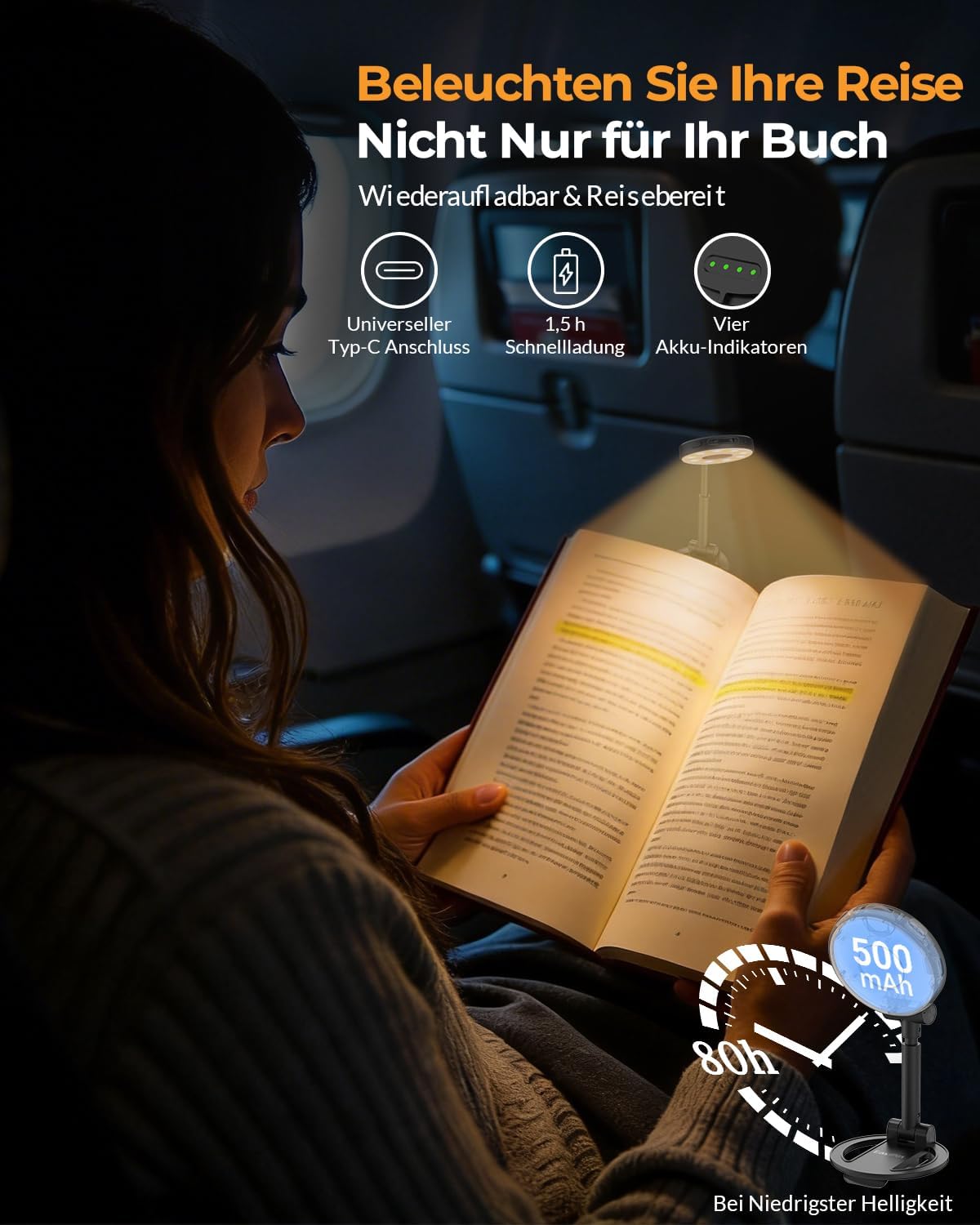 Detalle 2 de EastPin Leselampe Buch Klemme Bettlampe: 18 LEDs, 3 Farbtemperaturen, wiederaufladbar