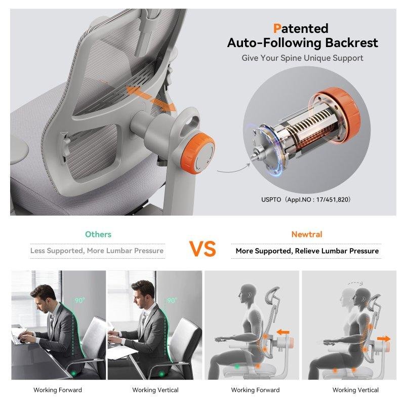 Detalle de Newtral MAGICH003 silla de oficina gris con soporte lumbar adaptativo y reposabrazos 3D