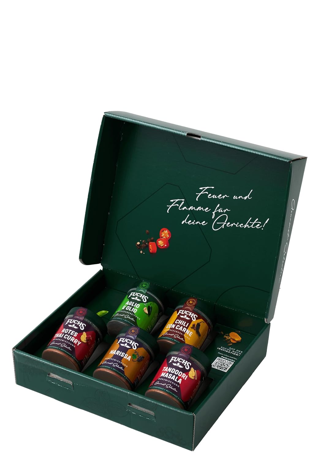 Detalle de Fuchs Gourmet Selection Hot-Box-Geschenkbox mit 5 scharfen Gewürzmischungen aus verschiedenen Länderküchen