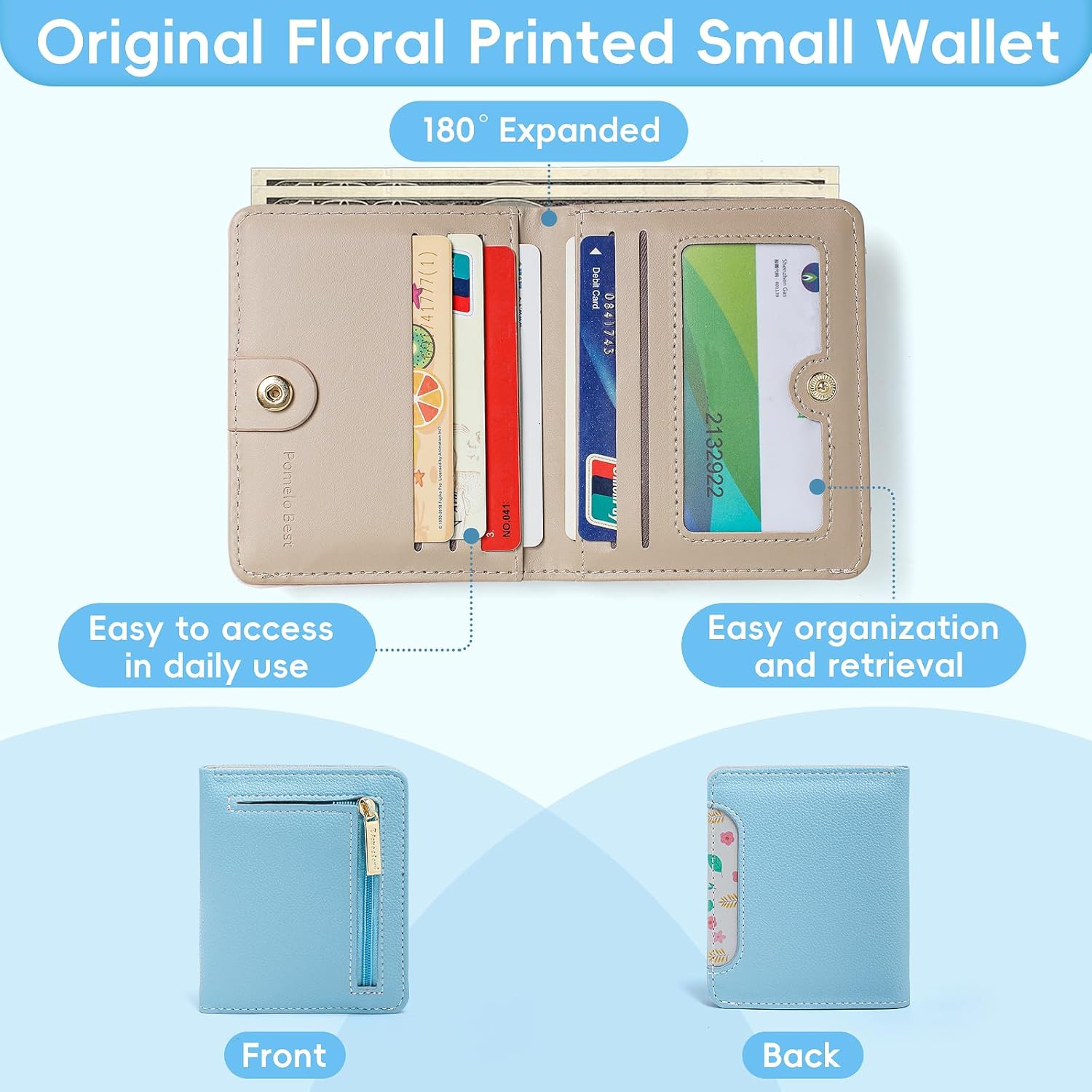 Detalle de Pomelo Best Womens Wallet Soft Small Coin Purse - RFID Blocking Bifold with Zipper Pocket (Blue)