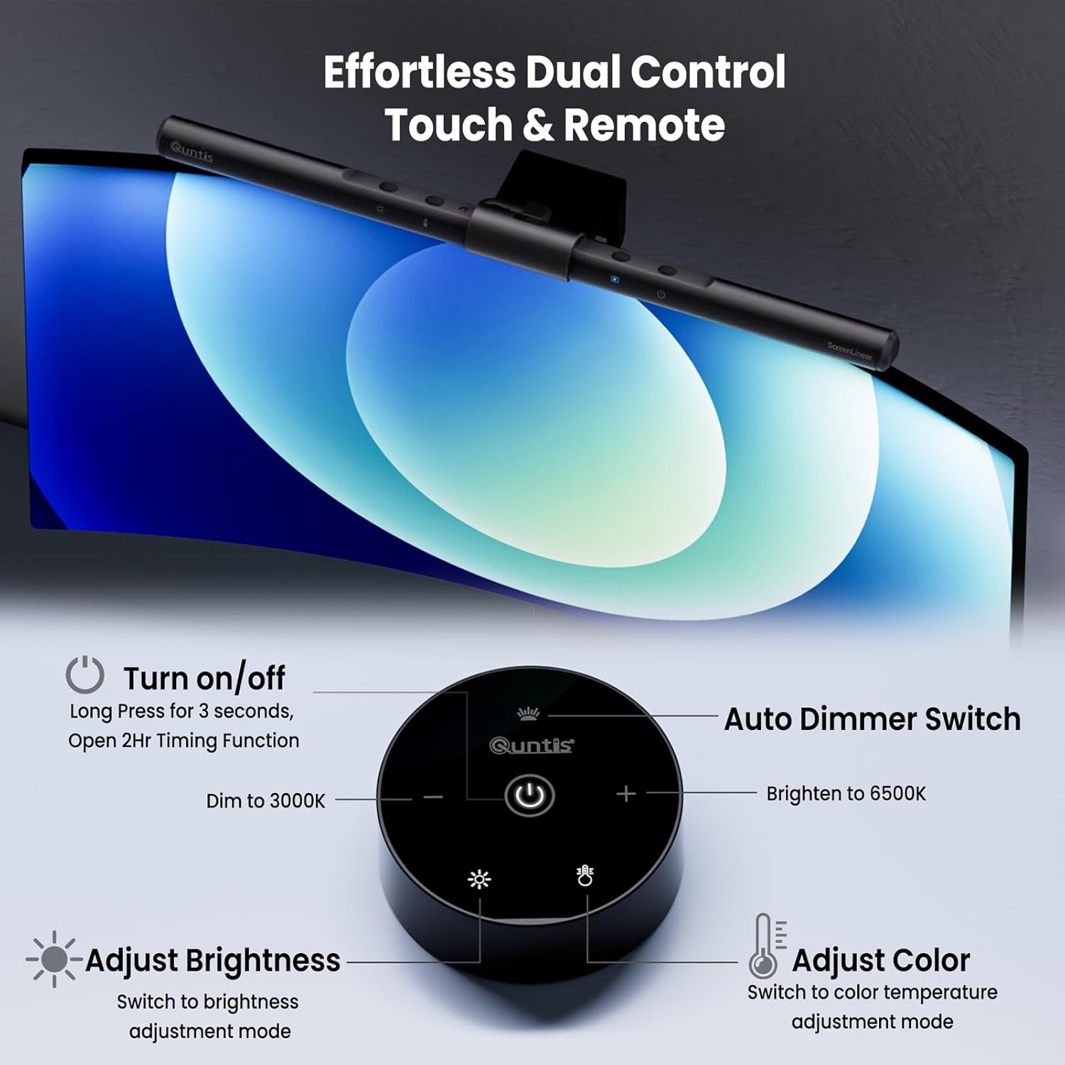 Detalle de Quntis Computer Monitor Lamp: Eye-Friendly, Flicker-Free Desk Light with Auto-Dimming