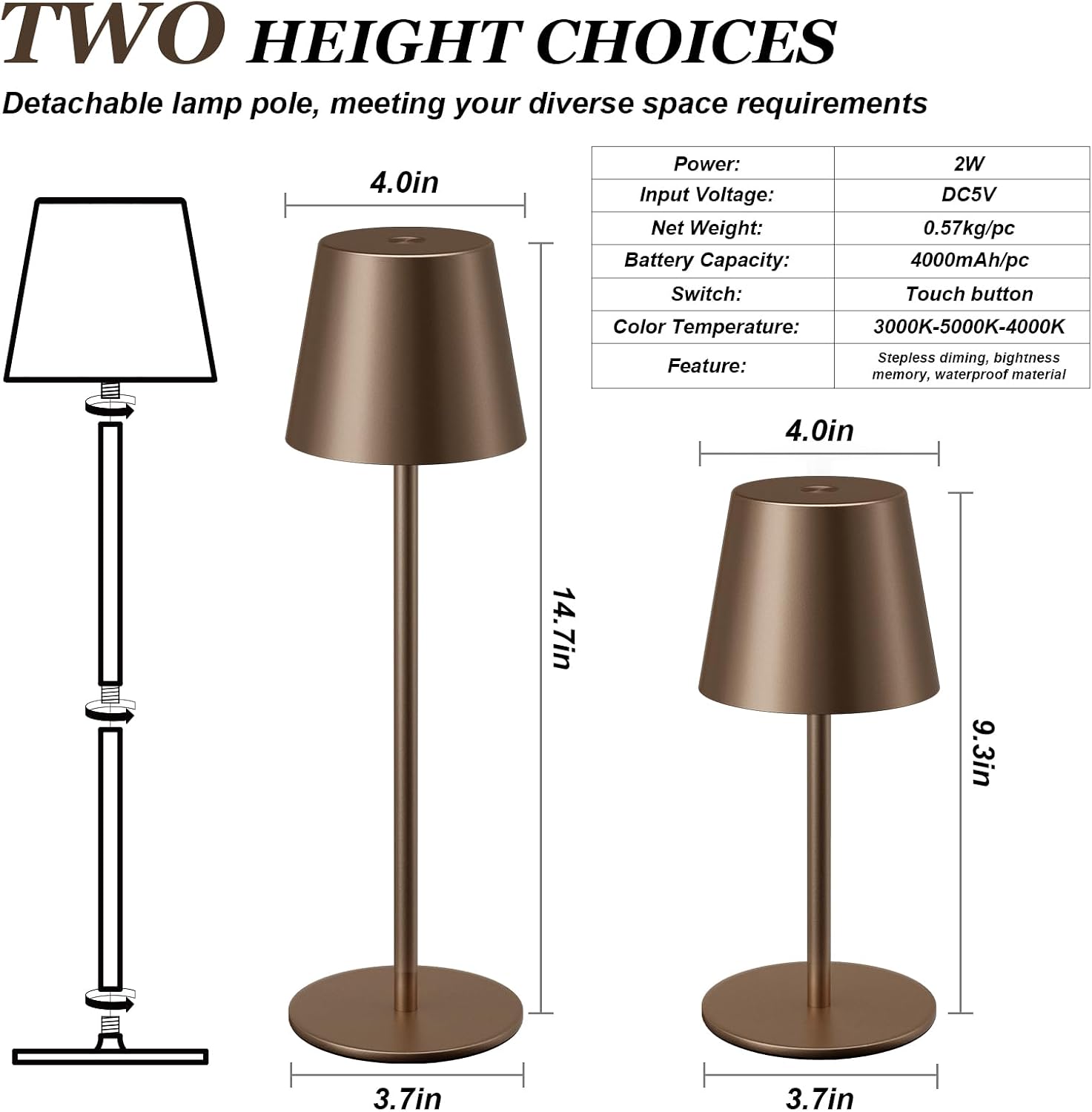 Detalle de Kakanuo Brown Cordless Table Lamps, 2-Pack, Rechargeable with Touch Dimming