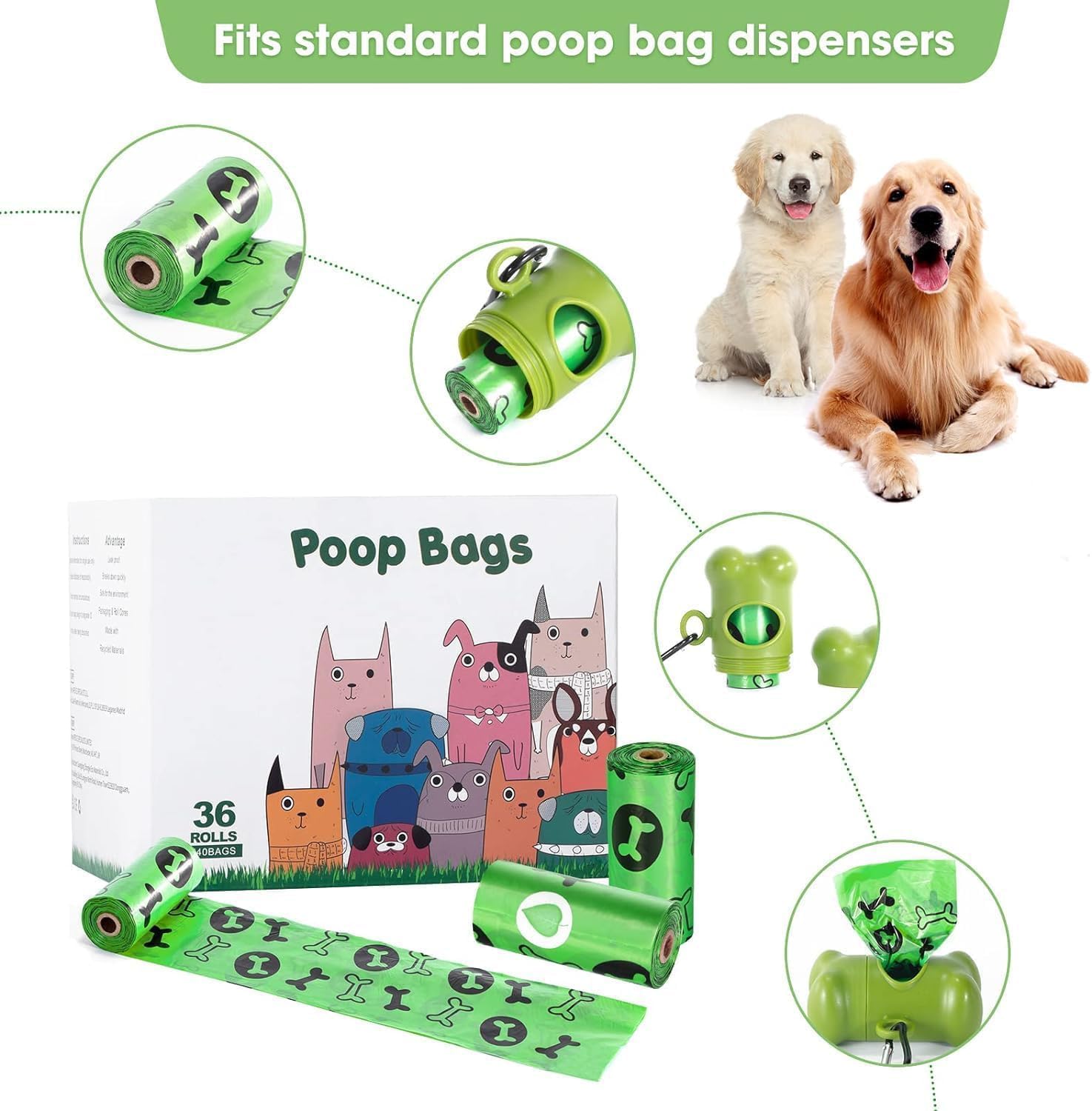 Detalle 2 de OIRLVCE Dog Poo Bags (540 counts / 36 rolls) extra thick, leak-proof dispenser-ready green bags