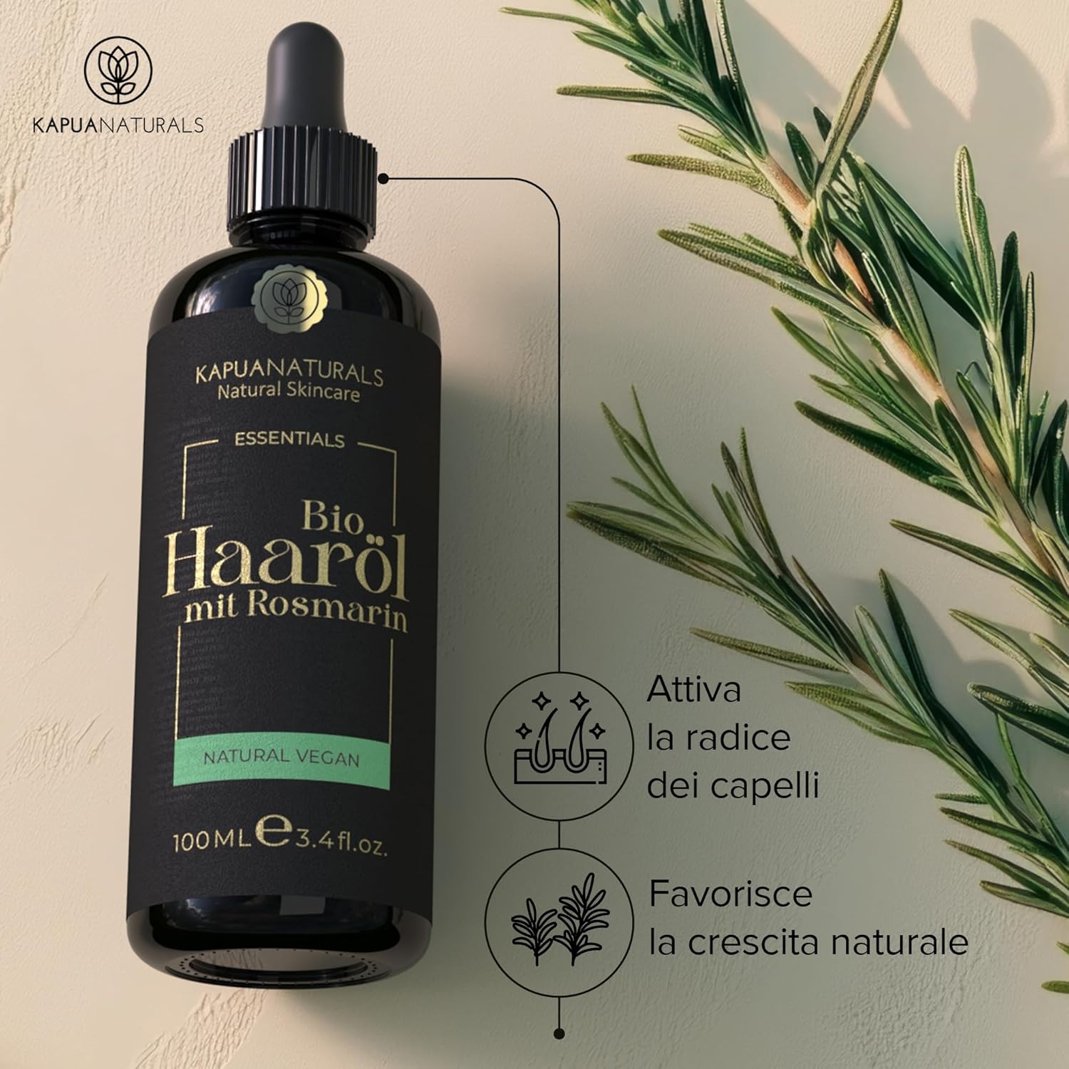 Detalle de Olio di rosmarino per capelli 100 ml + acido ialuronico | con biotina, vegan e biologico