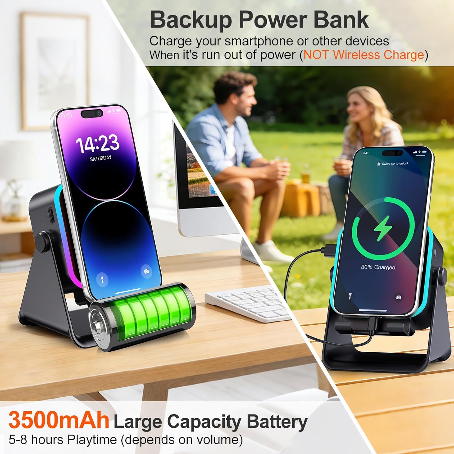 Thumbnail 2 de BOLONMI Wireless Bluetooth Induction Speaker (Black) with 3500mAh Battery, RGB Lights & Phone Stand