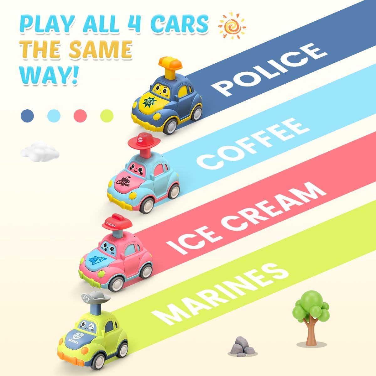 Detalle de Joyfuture Press and Go Car Toys – 4 Pack Vehicle Set for 1–3 Year Olds