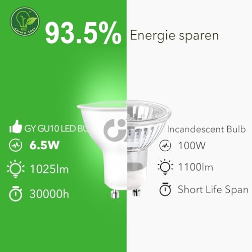 Detalle de GY Bombilla LED GU10 6.5W (Eq. 100W) 1025LM 3000K Blanco Cálido – Pack de 10