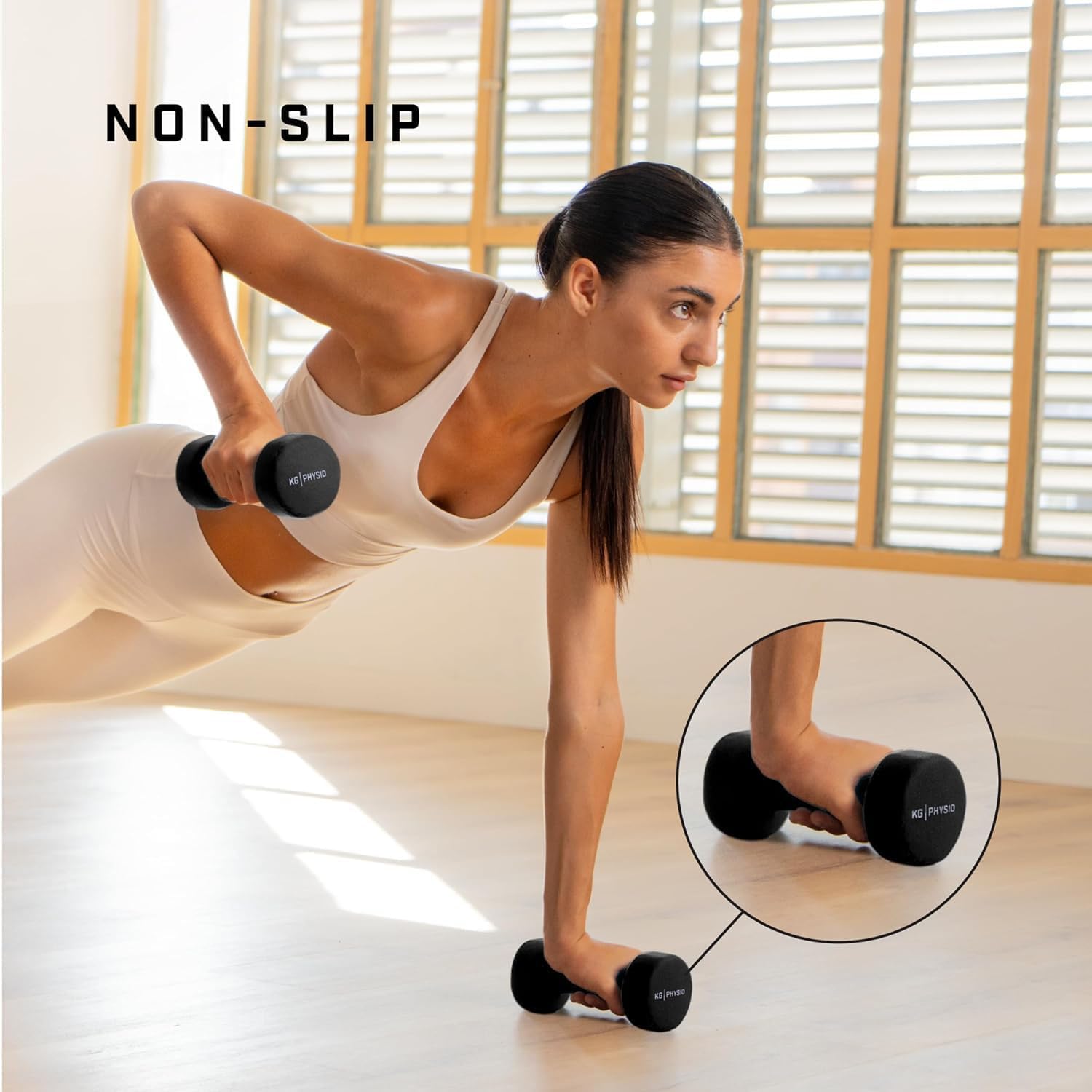 Detalle de KG PHYSIO Weights Dumbbells Set (1–10 kg) – Neoprene-Coated Anti-Roll Dumbbell Pair with A3 Exercise Poster