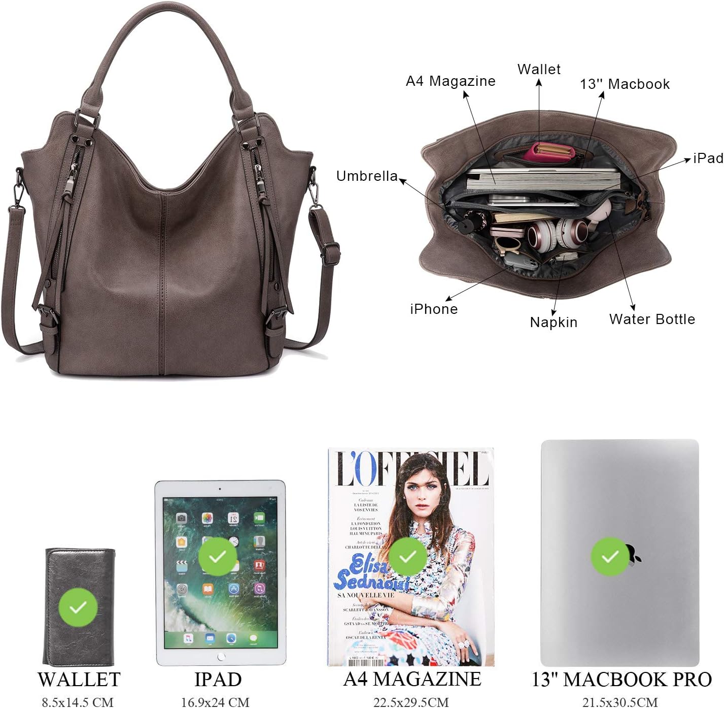 Thumbnail 3 de RealER Borsa Donna Set (2 pezzi) grande hobo tote + clutch in eco-pelle taupe