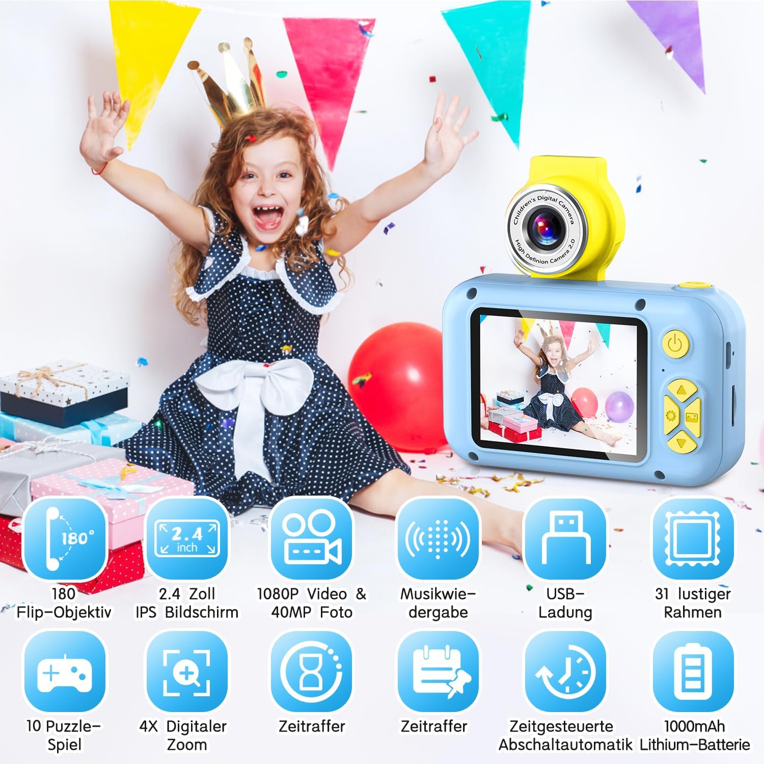 Detalle 2 de ARNSSIEN Kinderkamera X101 mit 180°-Objektiv und 2,4'' IPS-Bildschirm – Spielzeugkamera für Kinder von 3 bis 12 Jahren