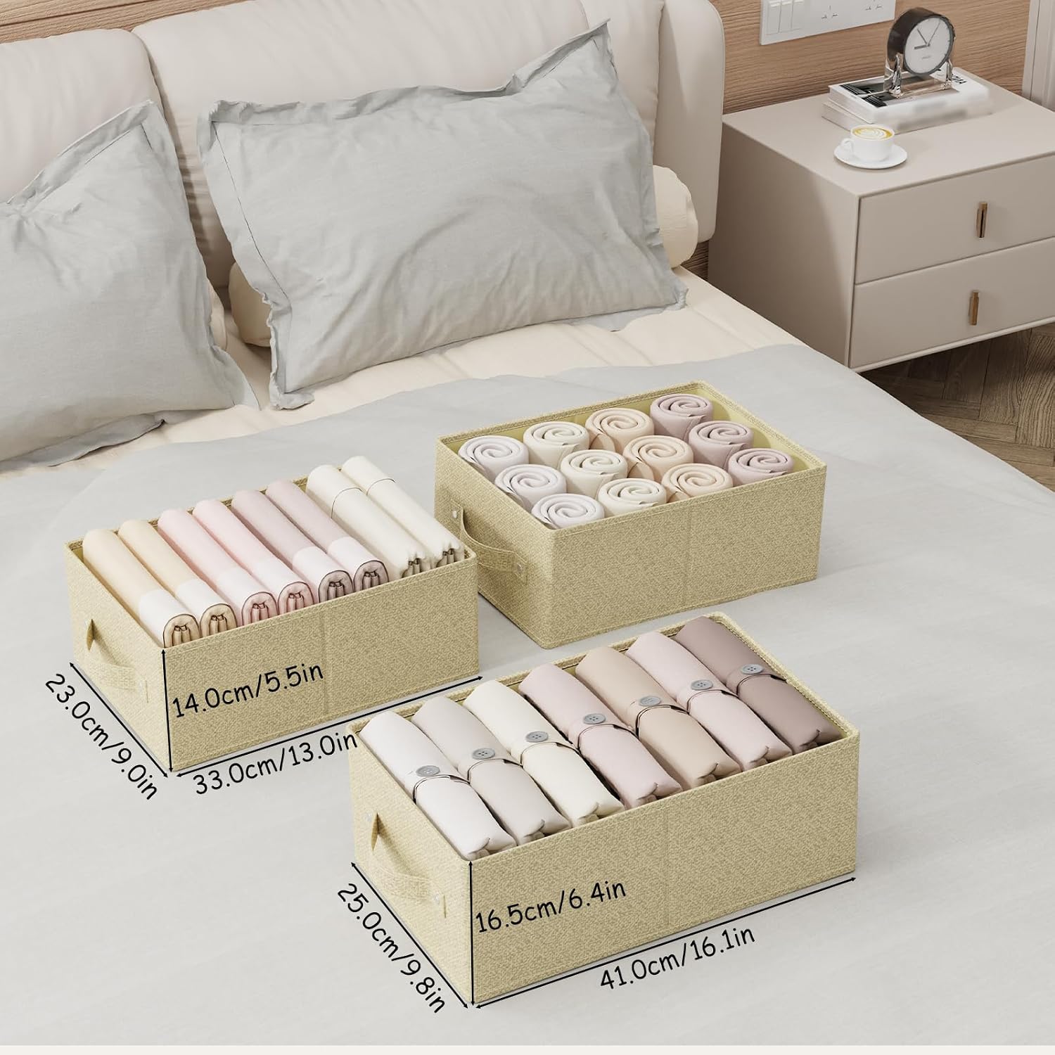 Detalle 1 de ENUMAIL EN103BEGS-3 stoffen opbergmanden met handgrepen, grijs/beige, 3 stuks