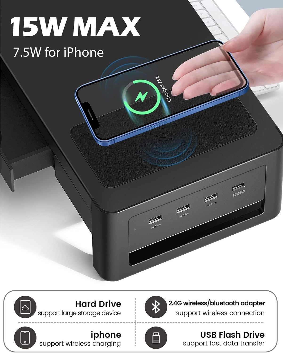 Detalle 2 de meatanty Dual Monitor Stand Riser, 38.7-Inch Metal Desk Organizer with Drawers and USB Ports