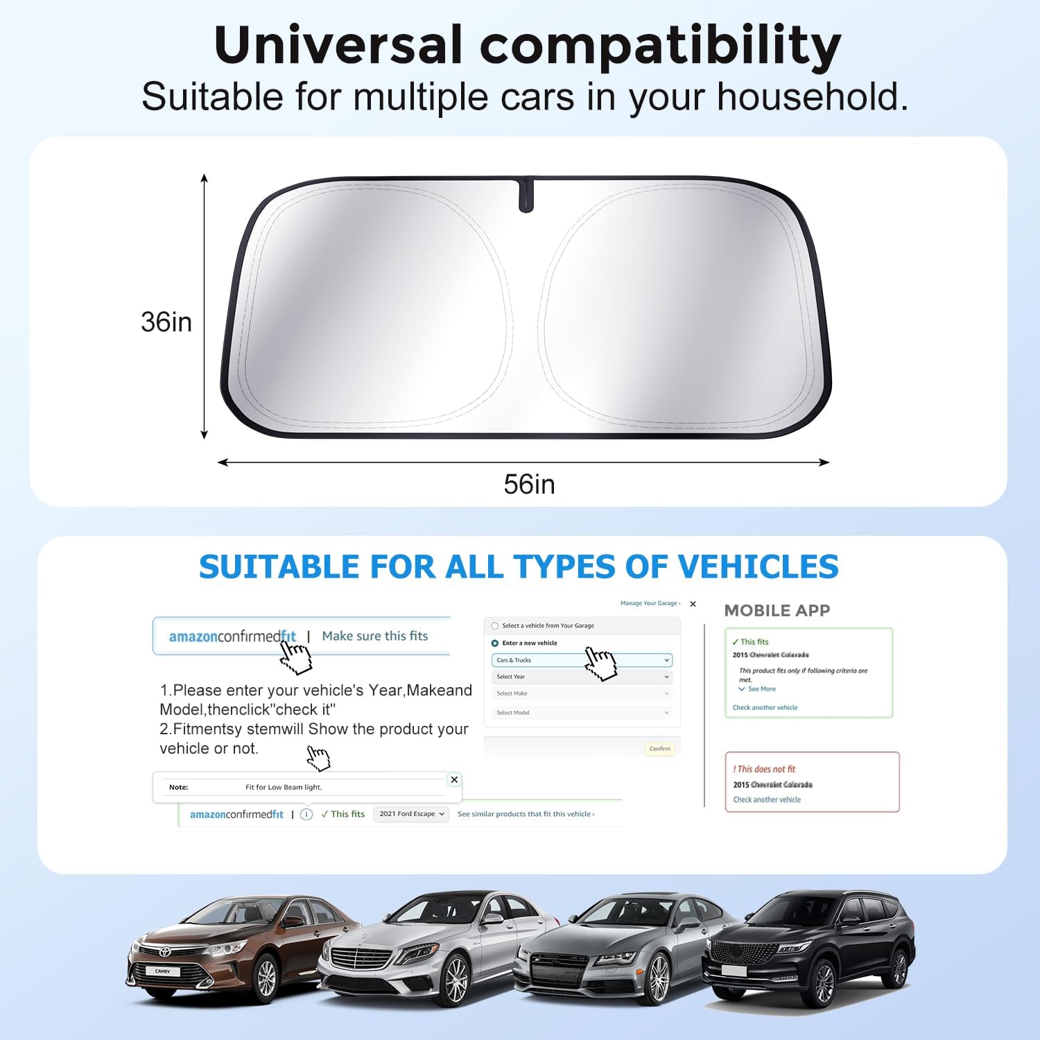 Thumbnail 6 de [Upgrade] DooGooCoo Windshield Sun Shade - Medium: 64x32 in, 99% Sunlight & UV Block, Quick Install