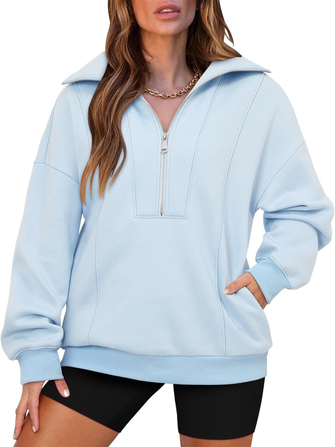 Detalle de onlypuff Women's Half-Zip Pullover Sweatshirt, Oversized Loose Fit with Pocket