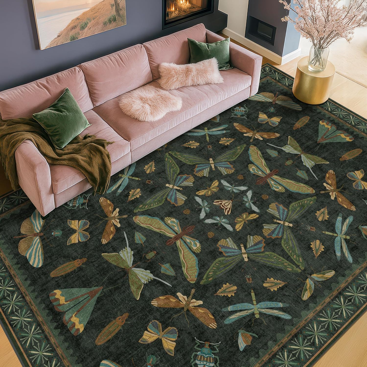 Detalle de 6x9 Dark Green Area Rug with Insect Floral Design — Non-Slip, Low-Pile for Dining, Living, and Bedrooms