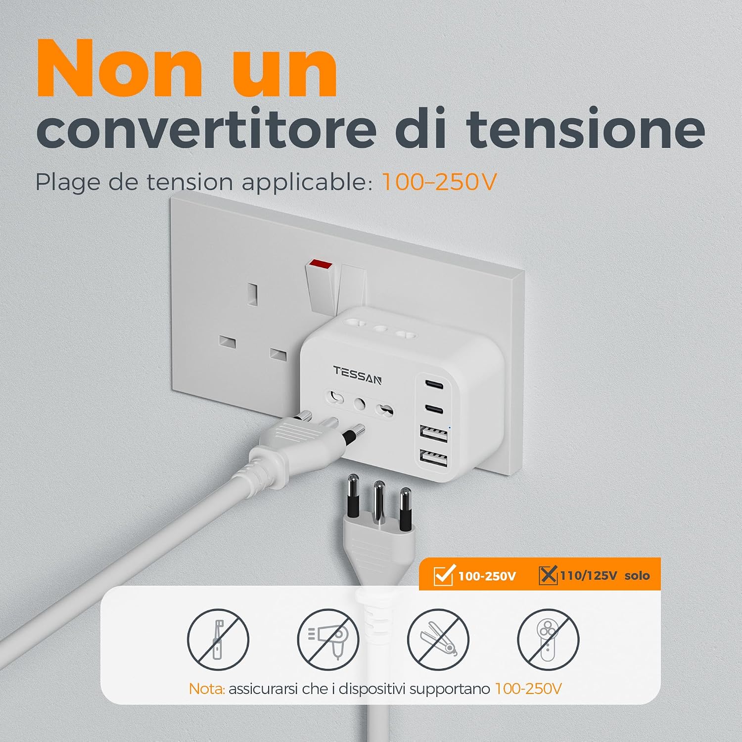 Thumbnail 6 de TESSAN adattatore presa inglese 7 in 1 con 2 USB-C e 2 USB-A (Tipo G) fino a 3.250 W