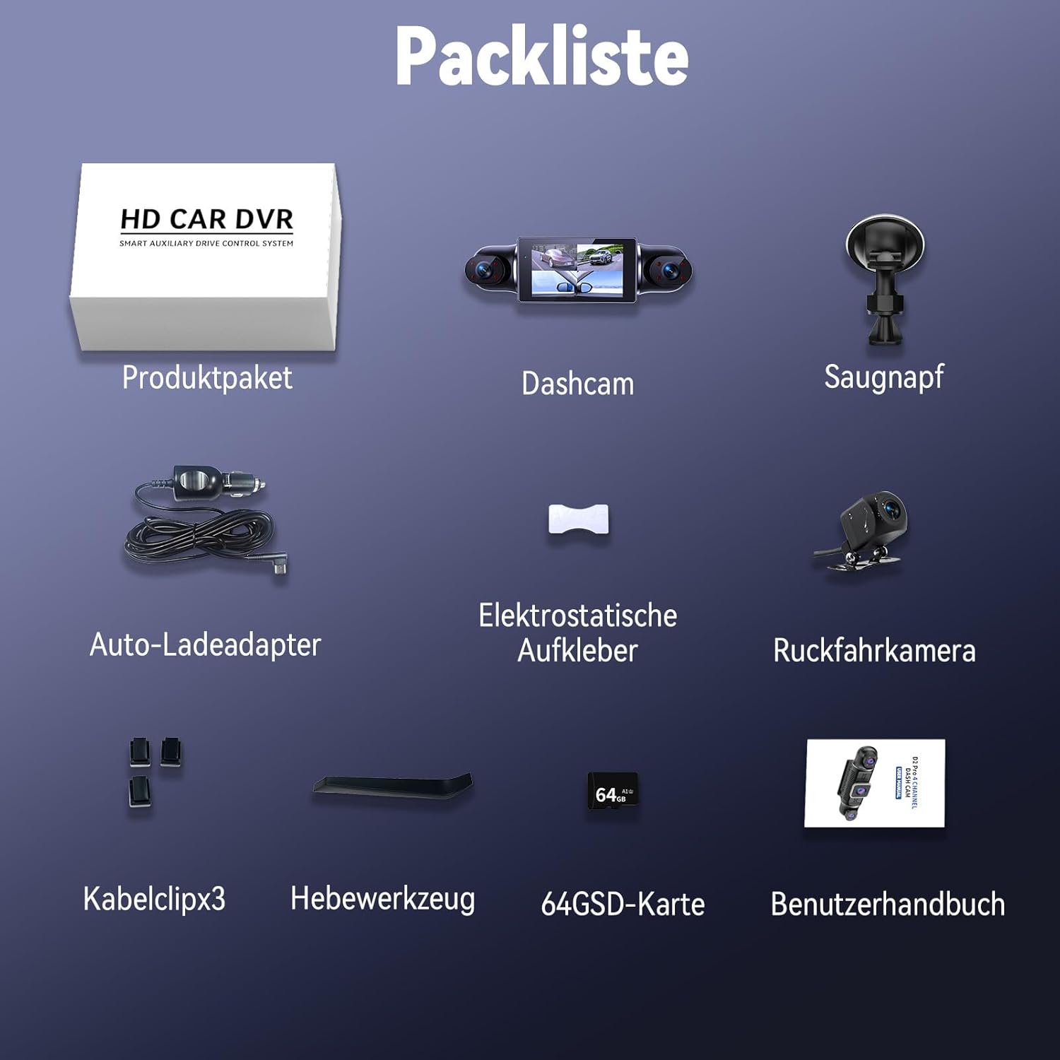 Thumbnail 5 de 360°Dashcam Auto Vorne Hinten 4-Kanal – Panorama-Dashcam mit 4K+1080p, 64GB, IR-Nachtsicht, G-Sensor