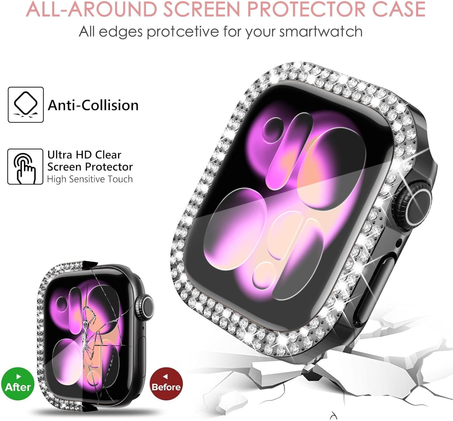 Detalle 2 de DEALELE 2-Pack Tempered Glass Case for Apple Watch Series 10 (46mm) with Bling Double-Row Diamond Design