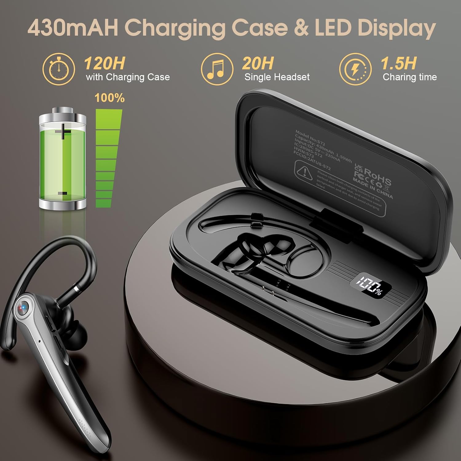 Thumbnail 3 de Bluetooth Headset (S72) Wireless Single-Ear Earpiece with ENC Mic, 120H Battery, IPX7, V5.4 – Bright Black