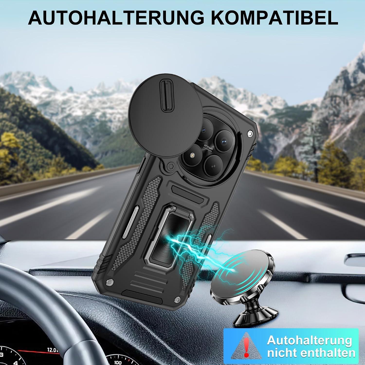 Detalle de Jshru Hülle für Xiaomi Redmi Note 15 Pro 5G – Stoßfeste Schutzhülle mit 360° Metallhalterung und Kameraschutz (Schwarz)