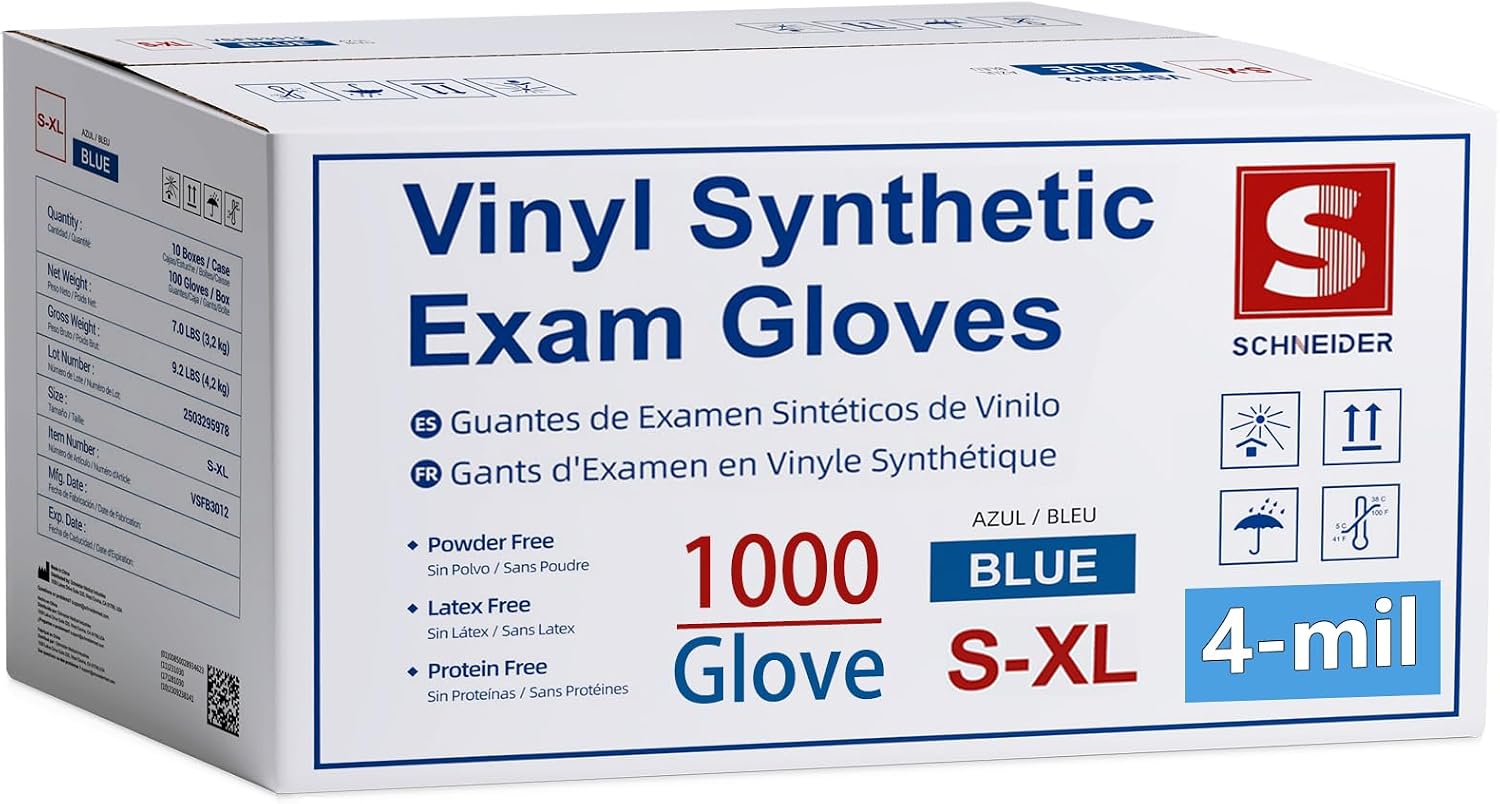 Schneider Blue Vinyl Synthetic Exam Gloves, Case of 1000 (4-mil, Powder-Free, Latex-Free)