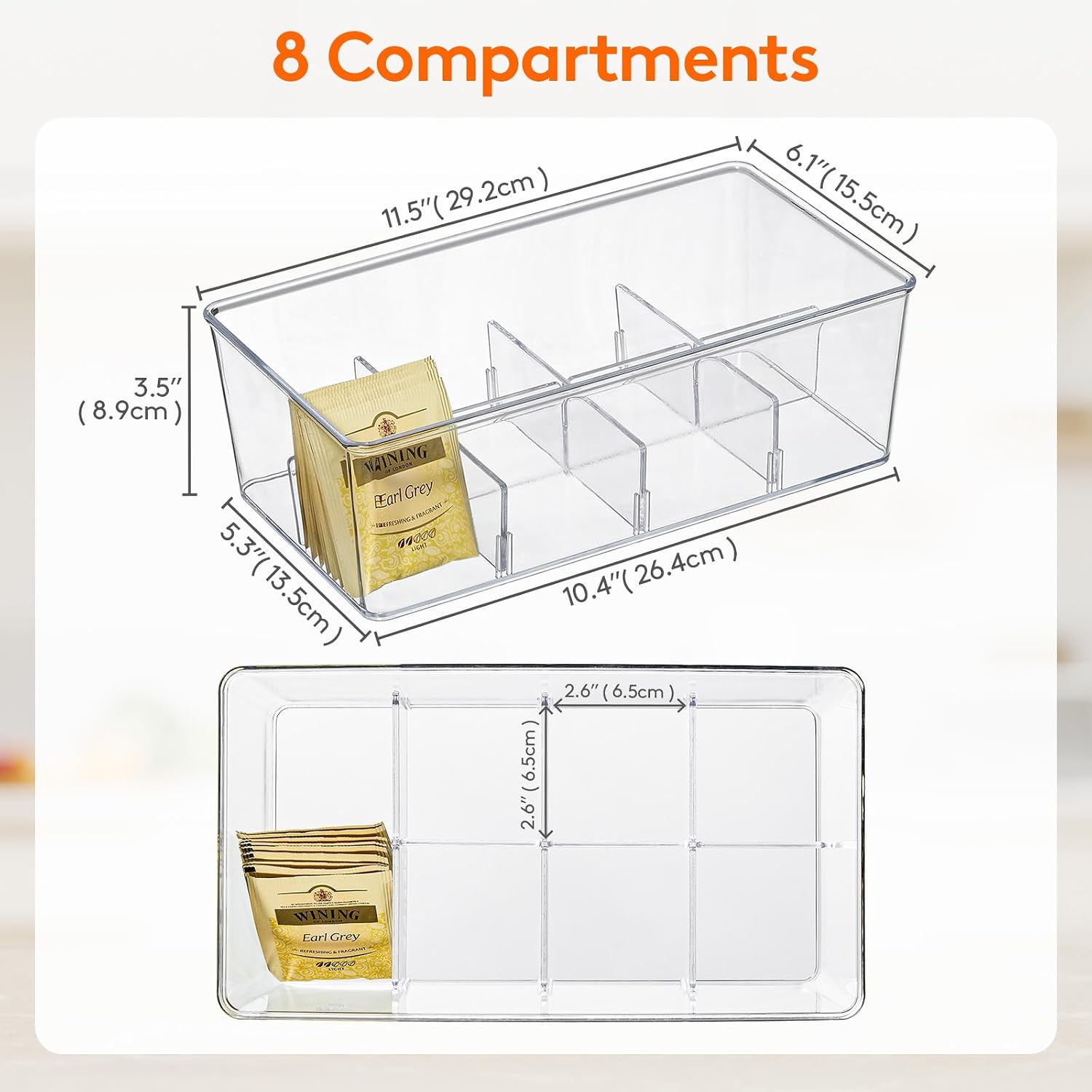 Detalle de Lifewit Tea Box, transparent 8-compartment tea organiser with lid