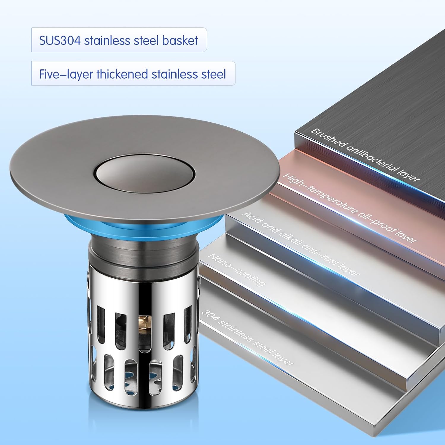 Detalle de All Metal Bathroom Sink Stopper: Universal Pop Up Drain Strainer with Removable Stainless Filter Basket