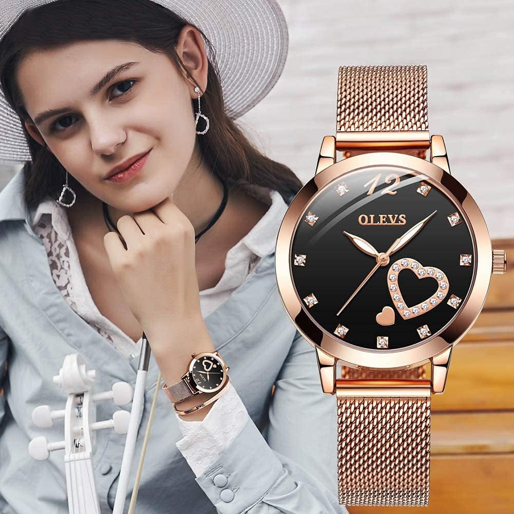 Thumbnail 4 de OLEVS Damenuhr Roségold mit Herz-Diamant Zifferblatt, Quarzwerk & 30 m wasserdichtes Armband-Set