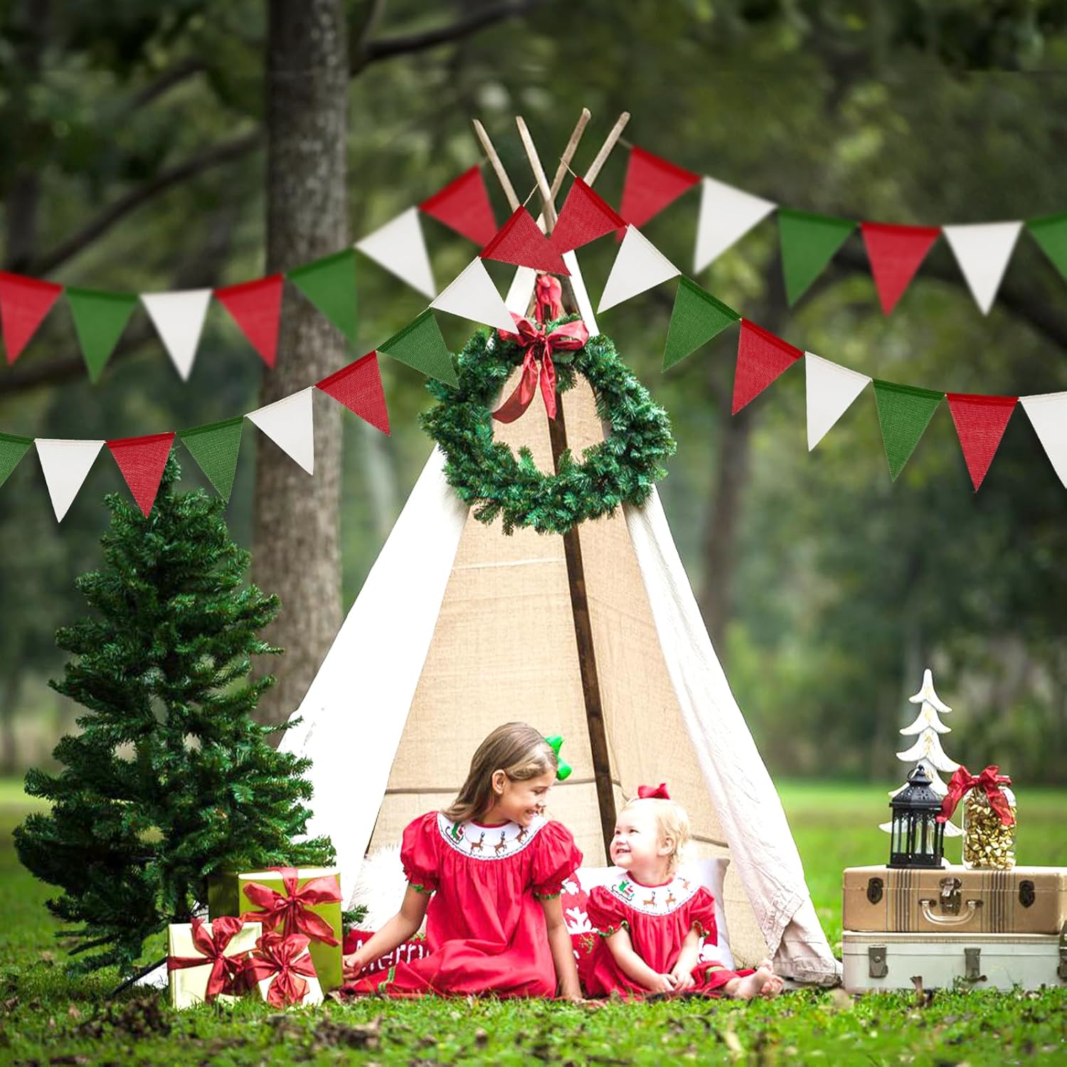 Thumbnail 4 de G2PLUS 12M Red Green and White Burlap Bunting (36 Pieces) – Reusable Outdoor Hessian Banner for Christmas Gardens