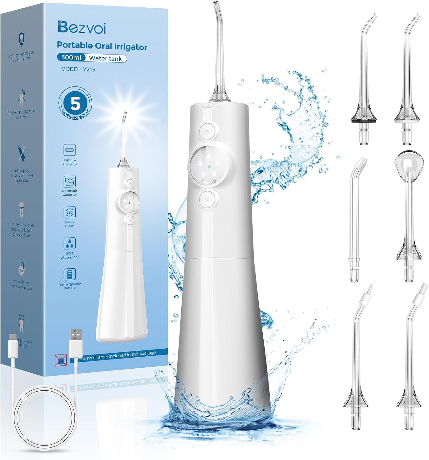 Detalle de Bezvoi Y215 Cordless Water Flosser, 300 mL Tank, 5 Modes & 6 Tips
