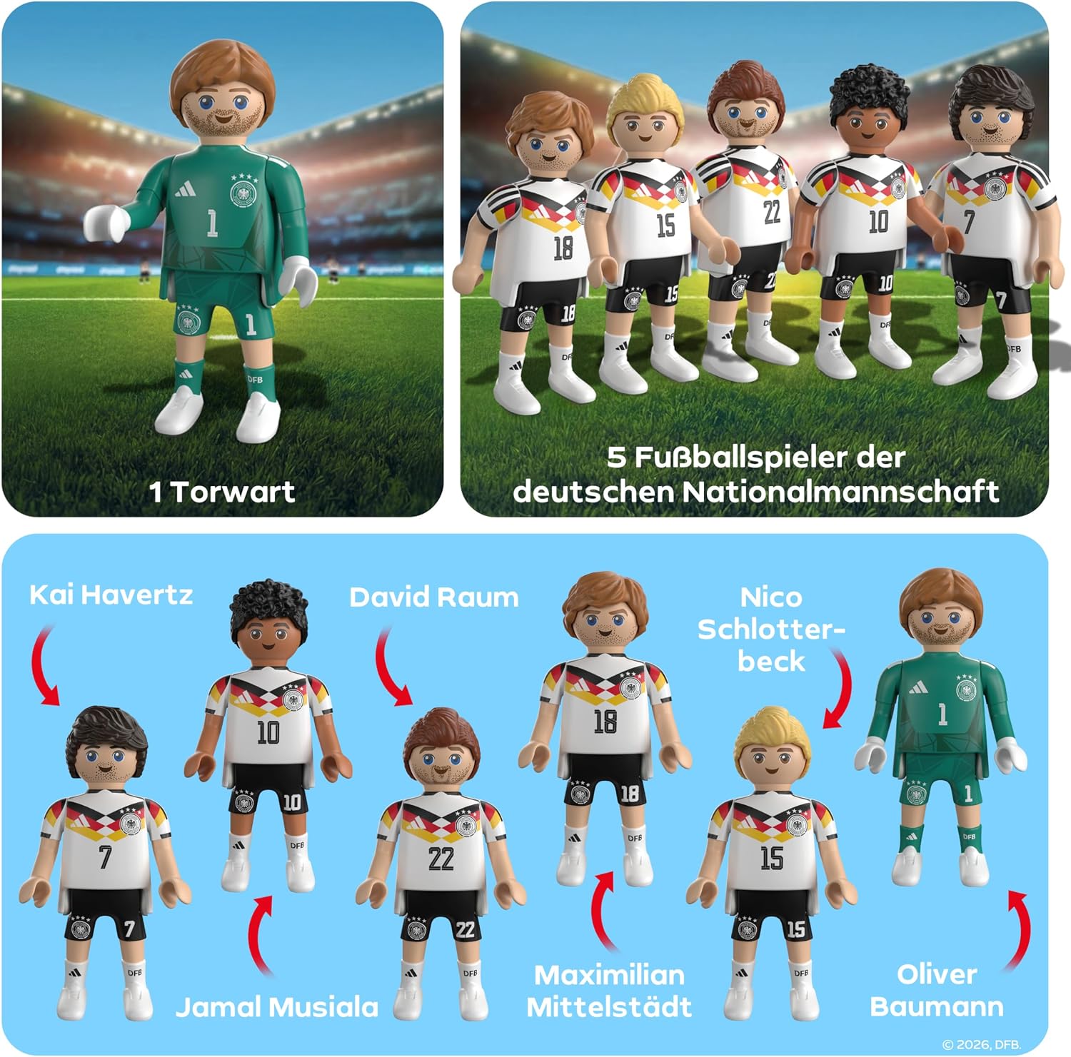 Detalle de PLAYMOBIL DFB Set giocatori 2 – Portiere e 5 giocatori per scene di calcio, 6 personaggi dinamici
