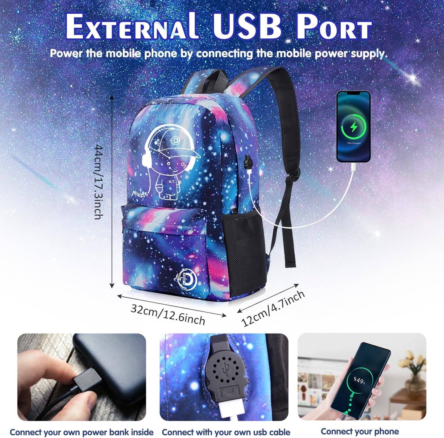 Thumbnail 3 de Dracarys Galaxy Luminous Backpack: Unisex School Bag with USB Charging, 15.6" Laptop Space and Included Stationery Bag