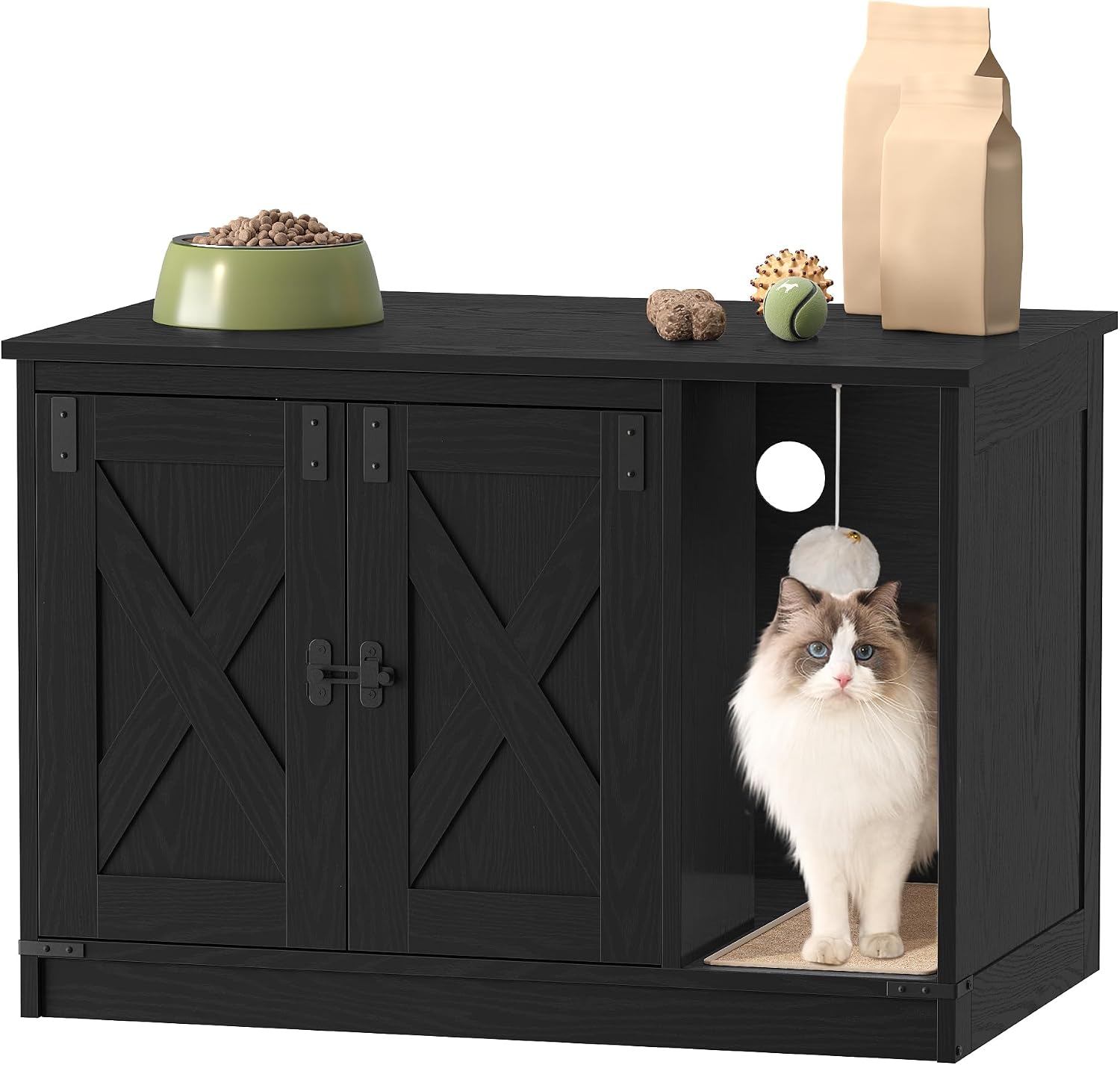 Detalle de Hzuaneri CB82404X Cat Litter Box Enclosure, Black Farmhouse Cabinet with Curved Entry