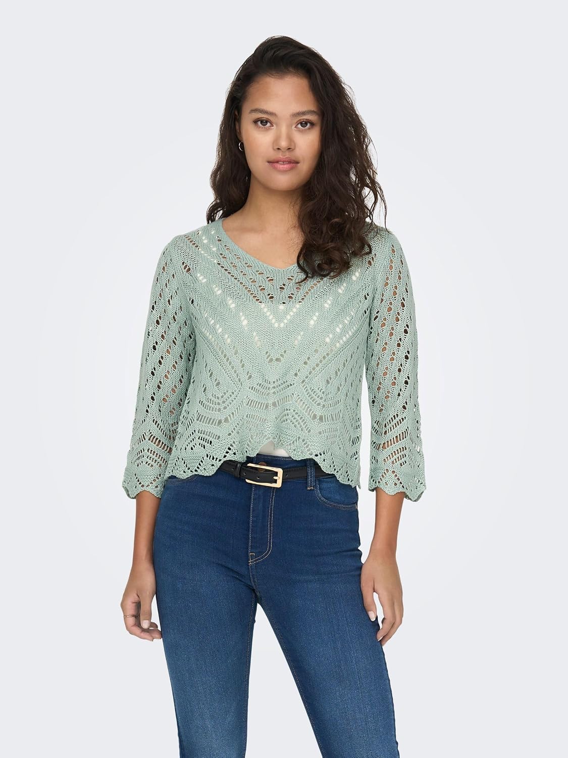 Detalle de JDY Damen Jdynew Sun 3/4 Cropped Pullover KNT Noos Gehäkeltes Hemd Mit V-Ausschnitt