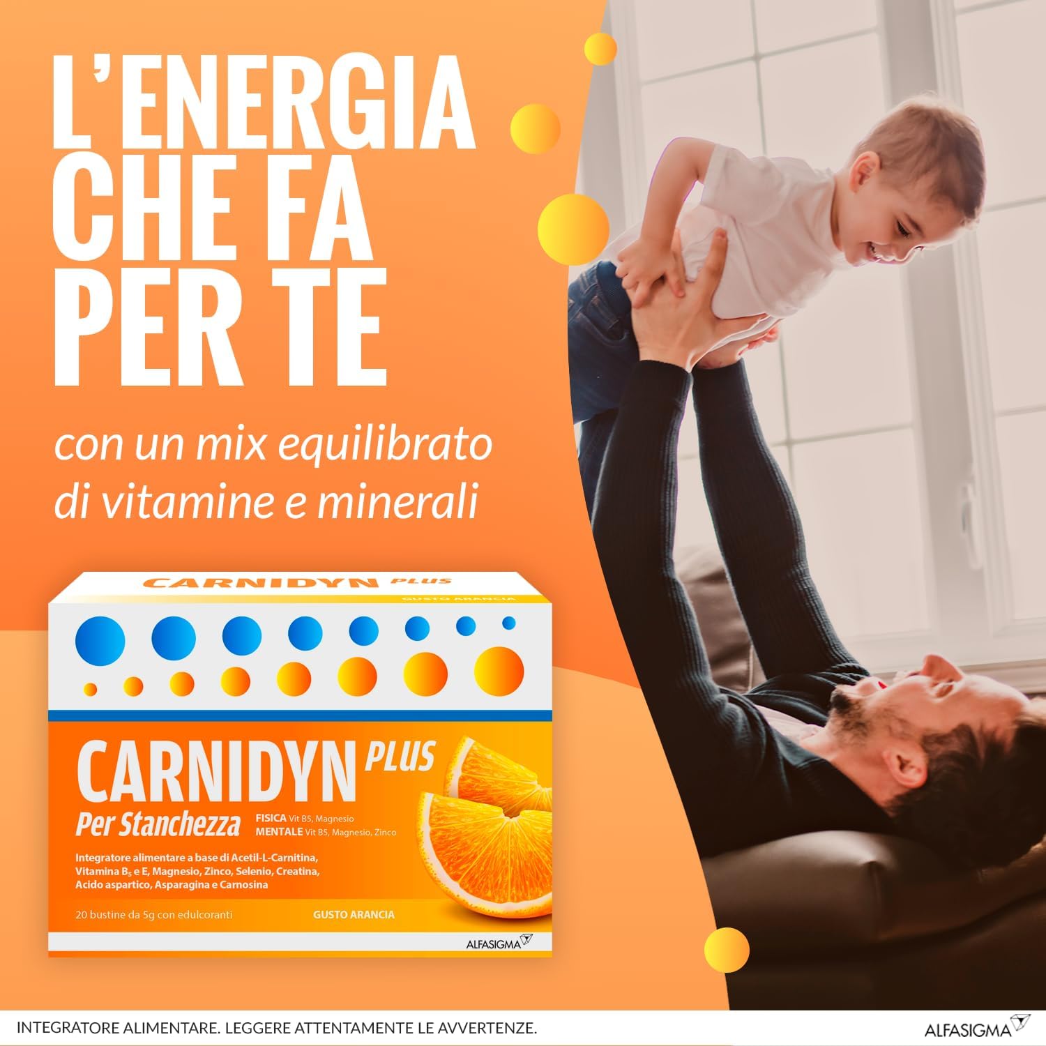 Detalle de Carnidyn Plus: integratore in bustine per energia e concentrazione, gusto arancia