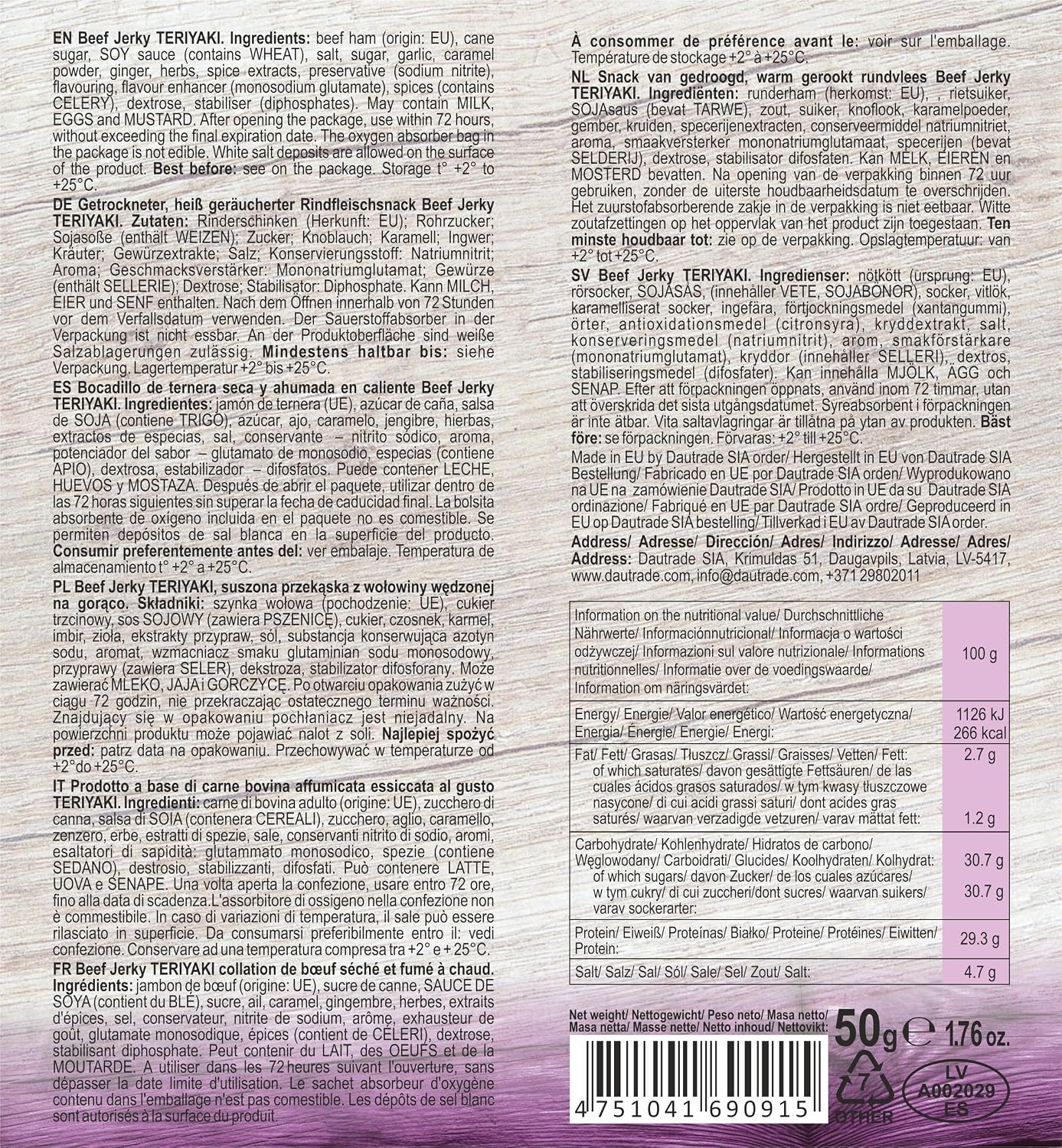 Detalle 2 de Viking Bites Beef Jerky Teriyaki, 400 g (8 x 50 g) – getrocknetes Rindfleisch mit hohem Proteingehalt