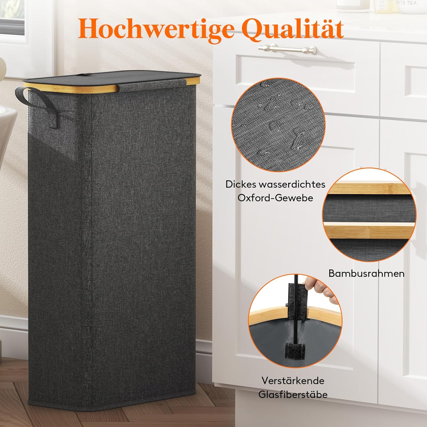 Thumbnail 6 de Lifewit 65L Wäschekorb Schmal mit Deckel – faltbar, mit Innentasche, dunkelgrau