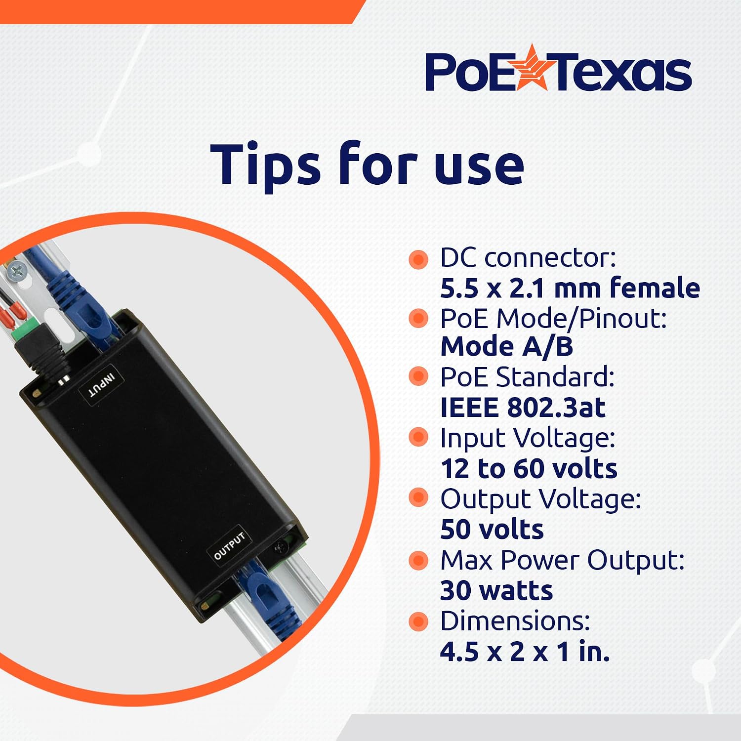 Thumbnail 5 de PoE Texas DC電源ギガビットPoE+インジェクター 12～60V入力・50V出力・最大30W