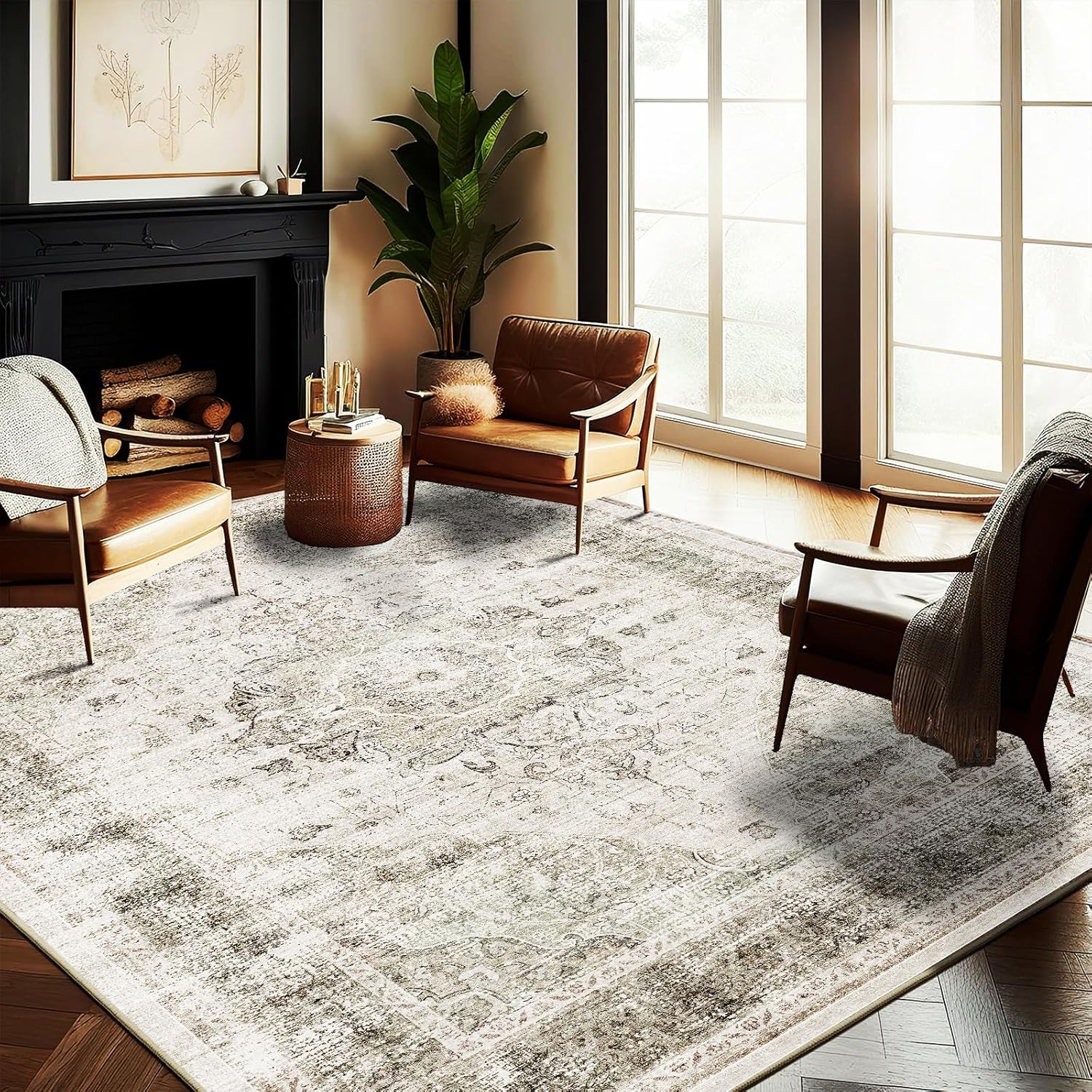 Thumbnail 1 de CHAMPLANT 9 x 12 ft Washable Retro Floral Area Rug (Beige/Taupe Boho)