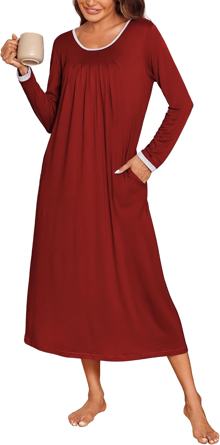 Detalle de Ekouaer Long Sleeve Nightgown for Women, Full-Length Sleep Dress with Pockets
