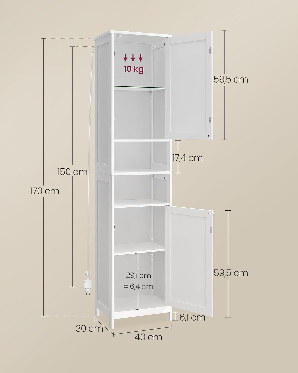 Detalle 2 de VASAGLE Mobile da Bagno con Luce BBC766WH03 — Mobiletto salvaspazio con ripiani regolabili