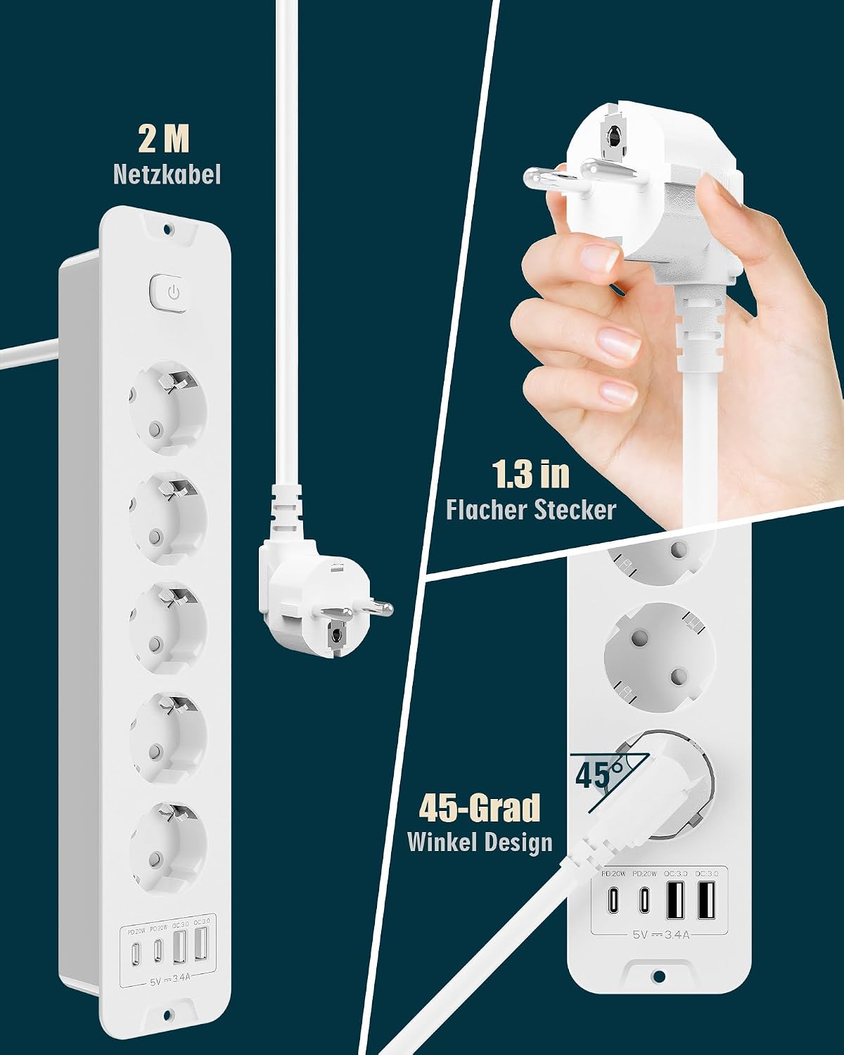 Detalle de Inhwatek Steckdosenleiste mit USB (PD 20W) – 5-fach Einbausteckdose 9-in-1 mit 2 m Kabel, 16A/4000W