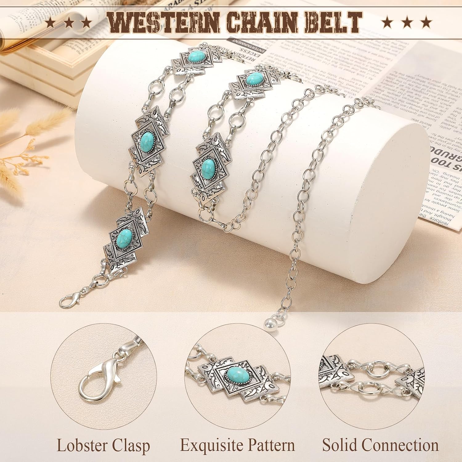 Detalle de WHIPPY Women’s Western Metal Concho Chain Belt – adjustable gold waist chain for boho, cowgirl & country outfits