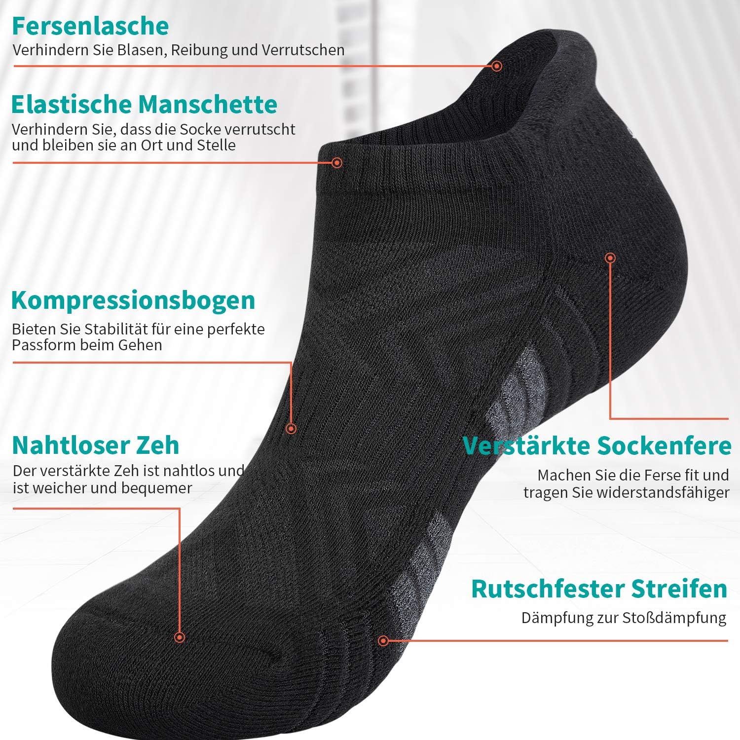 Thumbnail 2 de anqier 6 Paar Sneaker-Socken atmungsaktiv aus Baumwolle – kurz, leicht gepolstert (Schwarz/Weiß/Grau)